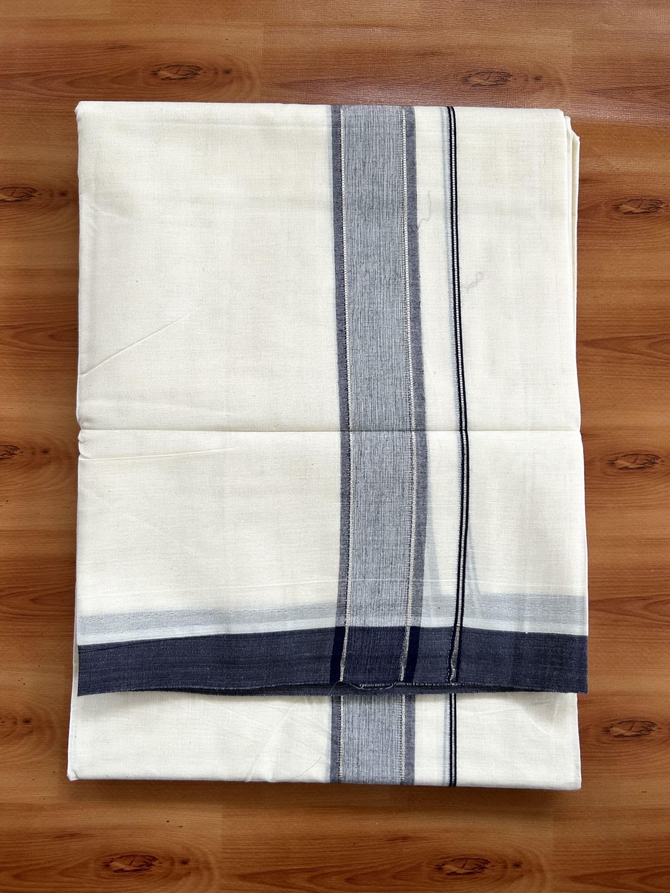 Double Off White (unbleached) Mundu/Dhoti - 20% Discount ! KaithariKada Balaramapuram - 100% Cotton - 60s- 1.5 inch Silver Kasav & Navy Blue Shaded Kara 4 mtr (8.5 muzham) - 2 KK5398 PMC