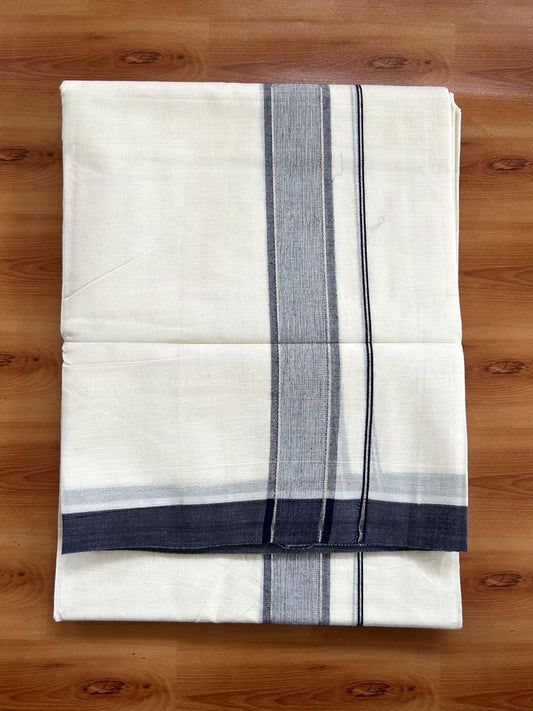 Double Off White (unbleached) Mundu/Dhoti - 20% Discount ! KaithariKada Balaramapuram - 100% Cotton - 60s- 1.5 inch Silver Kasav & Navy Blue Shaded Kara 4 mtr (8.5 muzham) - 2 KK5398 PMC