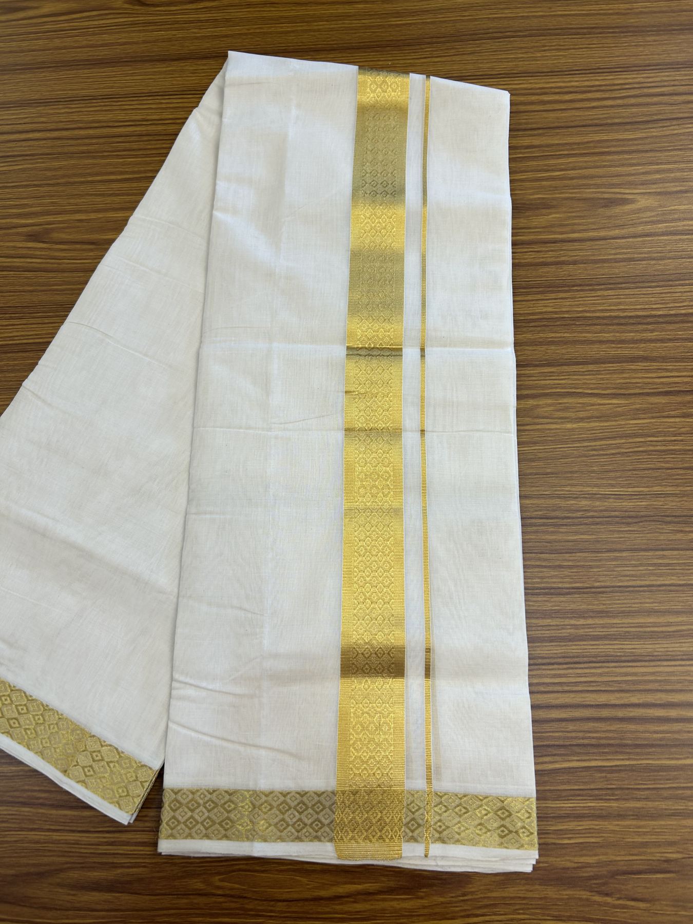 25% Discount ! KaithariKada Kerala Handloom Millpaav  - 100% Pure Cotton Off White- (Unbleached) Double Mundu/Dhoti - 80x90 - 1.75 inch Gold Kasav Jacquard Design Kara 4 mtr (8.5 Muzham) - 48 KK5337 RAM