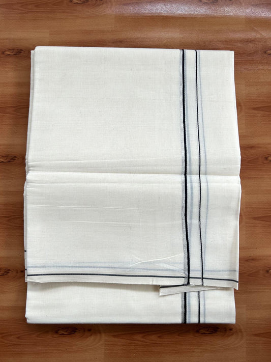 Double Off White (unbleached) Mundu/Dhoti - 17% Discount ! KaithariKada Balaramapuram - 100% Cotton - 60s- 1.5 inch Silver Kasav & Black Thin Kara 4 mtr (8.5 muzham) - 8 KK5398 PMC