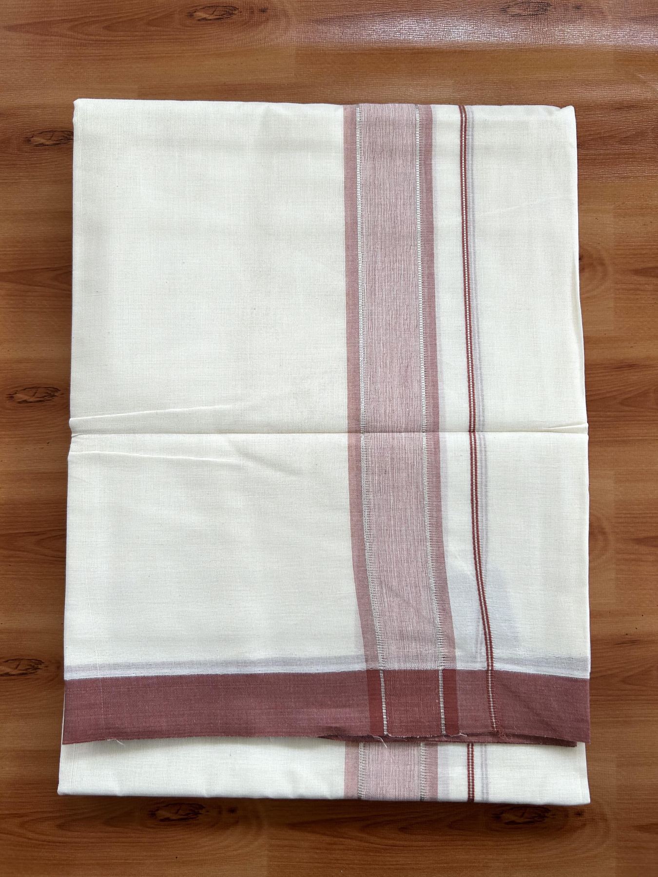 Double Off White (unbleached) Mundu/Dhoti - 20% Discount ! KaithariKada Balaramapuram - 100% Cotton - 60s- 1.5 inch Silver Kasav & Dark Peach Shaded Kara 4 mtr (8.5 muzham) - 6 KK5398 PMC
