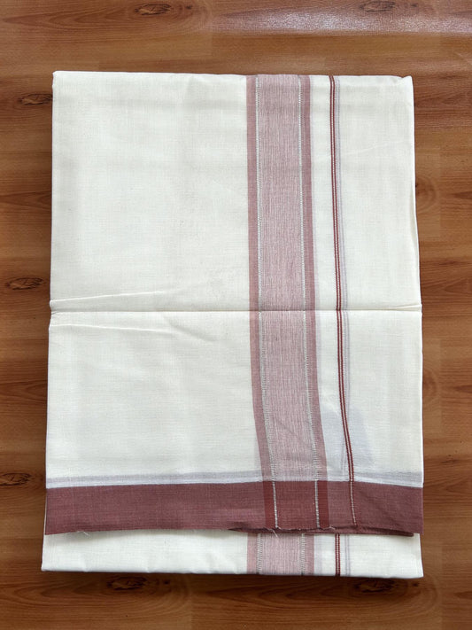 Double Off White (unbleached) Mundu/Dhoti - 17% Discount ! KaithariKada Balaramapuram - 100% Cotton - 60s- 1.5 inch Silver Kasav & Dark Peach Shaded Kara 4 mtr (8.5 muzham) - 6 KK5398 PMC