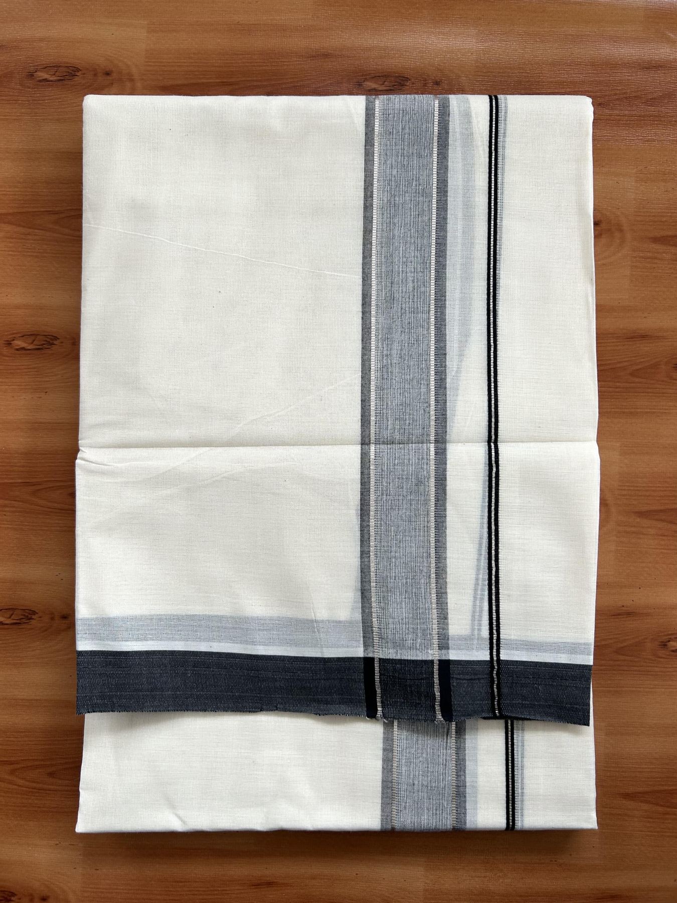 Double Off White (unbleached) Mundu/Dhoti -20% Discount ! KaithariKada Balaramapuram - 100% Cotton - 60s- 1.5 inch Silver Kasav & Black Shaded Kara 4 mtr (8.5 muzham) - 3 KK5398 PMC