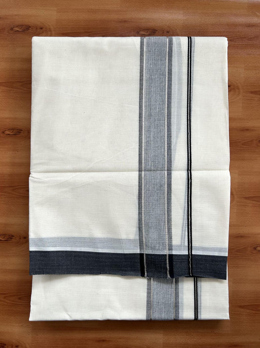 Double Off White (unbleached) Mundu/Dhoti -20% Discount ! KaithariKada Balaramapuram - 100% Cotton - 60s- 1.5 inch Silver Kasav & Black Shaded Kara 4 mtr (8.5 muzham) - 3 KK5398 PMC