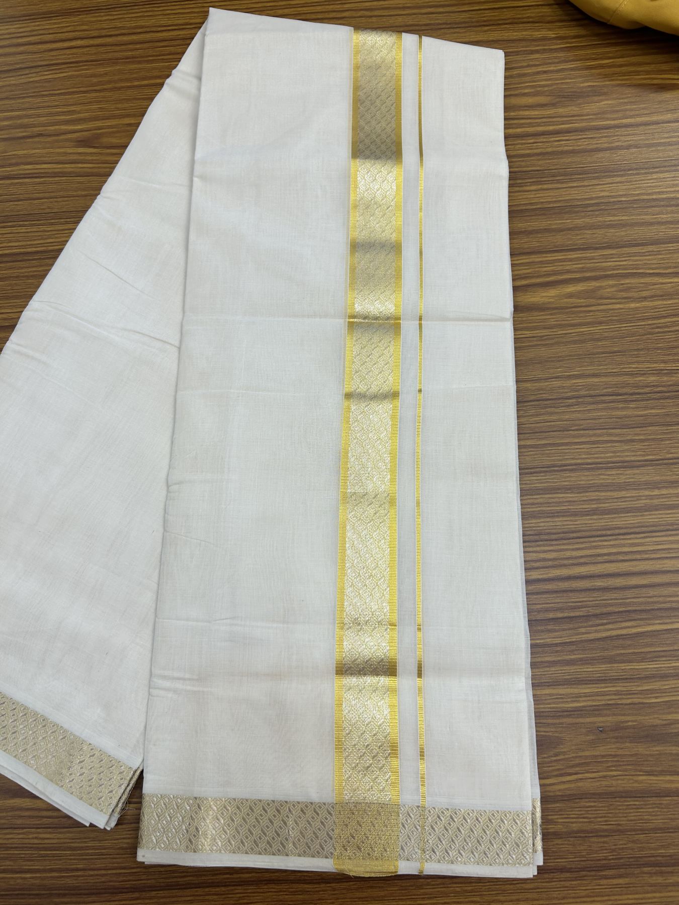 25% Discount ! KaithariKada Handloom Millpaav - Kerala Handloom - 100% Pure Cotton Off White (Unbleached) Double Mundu/Dhoti - 80x90 - 1.75 inch Gold Kasav & Silver Kasav Jacquard Design Kara 4 mtr (8.5 Muzham) - 22  KK5337 RAM