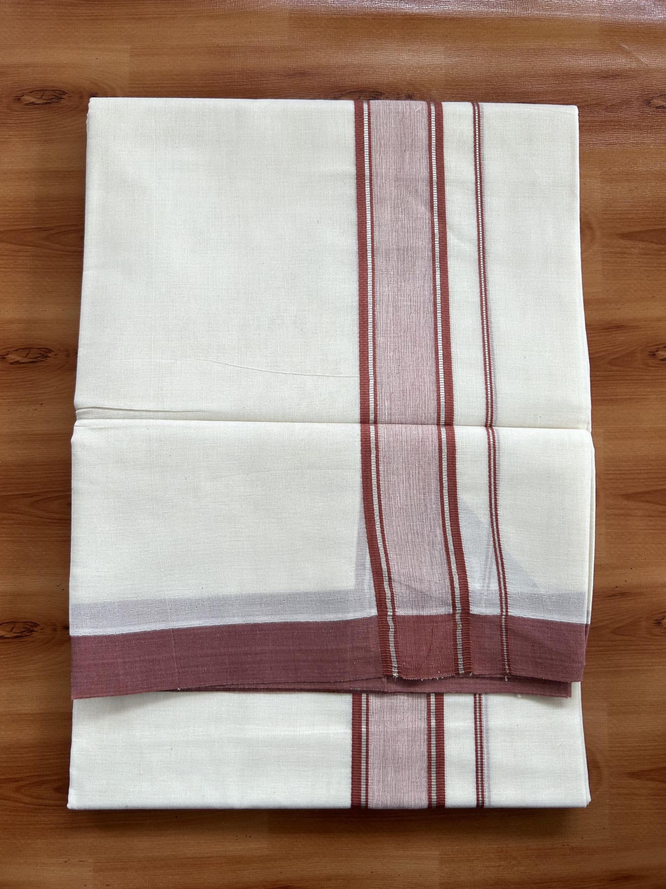 Double Off White (unbleached) Mundu/Dhoti - 20% Discount ! KaithariKada Balaramapuram - 100% Cotton - 60s- 1.5 inch Silver Kasav & Dark Reddish Peach Shaded Kara 4 mtr (8.5 muzham) - 5 KK5398 PMC