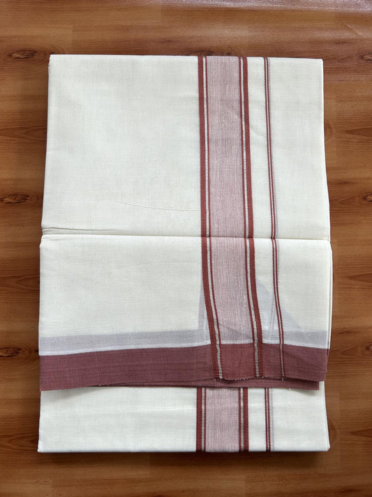 Double Off White (unbleached) Mundu/Dhoti - 17% Discount ! KaithariKada Balaramapuram - 100% Cotton - 60s- 1.5 inch Silver Kasav & Dark Reddish Peach Shaded Kara 4 mtr (8.5 muzham) - 5 KK5398 PMC