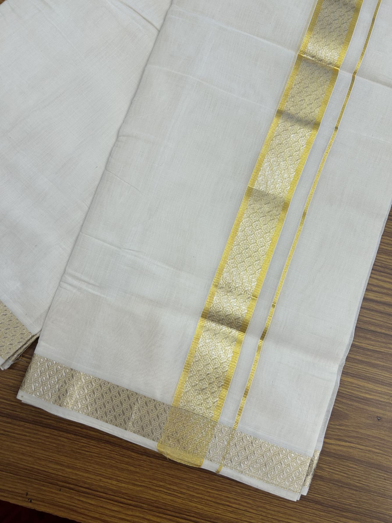 25% Discount ! KaithariKada Handloom Millpaav - Kerala Handloom - 100% Pure Cotton Off White (Unbleached) Double Mundu/Dhoti - 80x90 - 1.75 inch Gold Kasav & Silver Kasav Jacquard Design Kara 4 mtr (8.5 Muzham) - 22  KK5337 RAM
