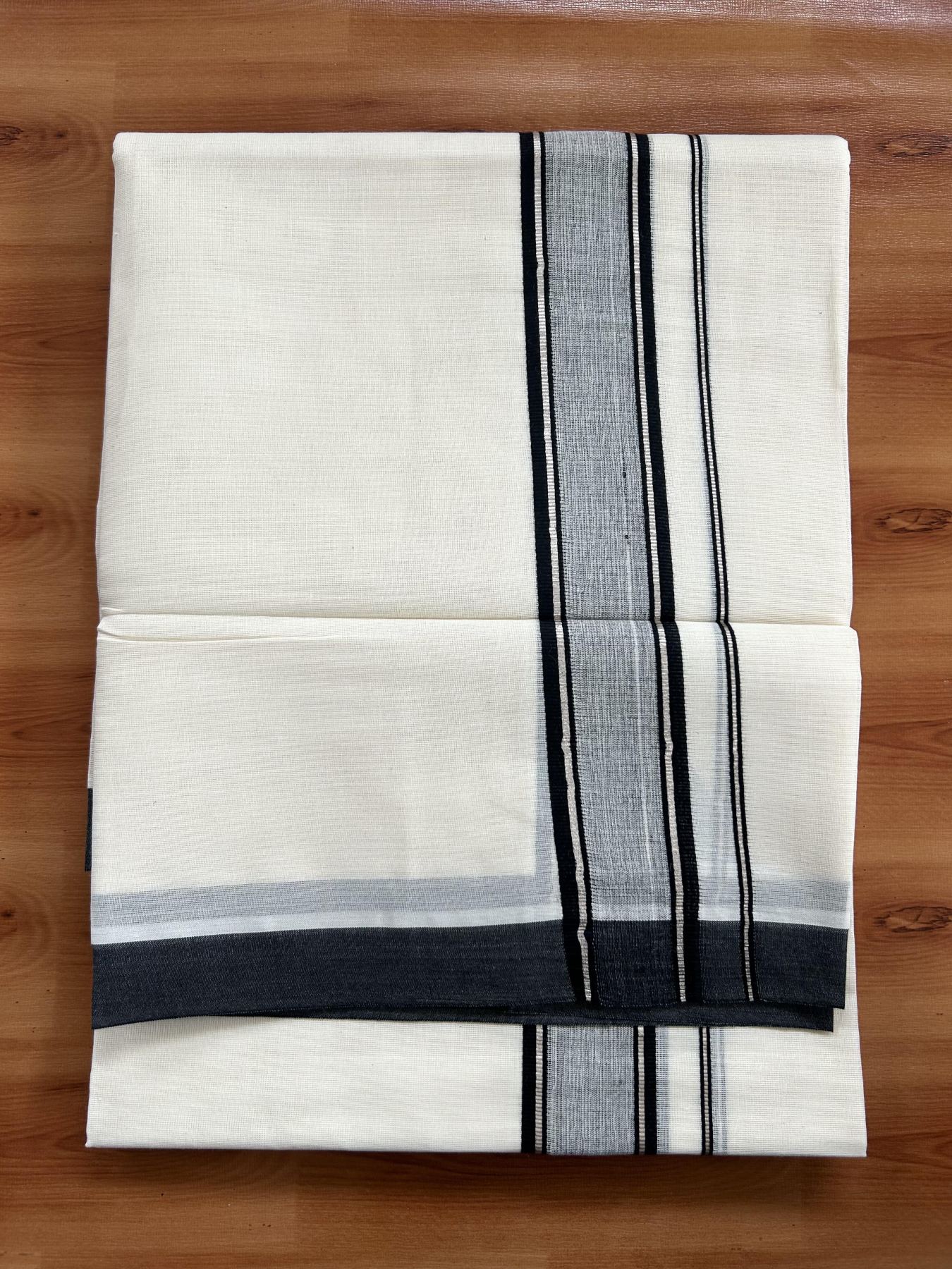 Double Off White (unbleached) Mundu/Dhoti - 20% Discount ! KaithariKada Balaramapuram - 100% Cotton - 60s- 1.5 inch Silver Kasav & Black Shaded Kara 4 mtr (8.5 muzham) - 7 KK5398 PMC