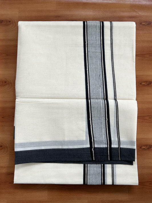 Double Off White (unbleached) Mundu/Dhoti - 17% Discount ! KaithariKada Balaramapuram - 100% Cotton - 60s- 1.5 inch Silver Kasav & Black Shaded Kara 4 mtr (8.5 muzham) - 7 KK5398 PMC