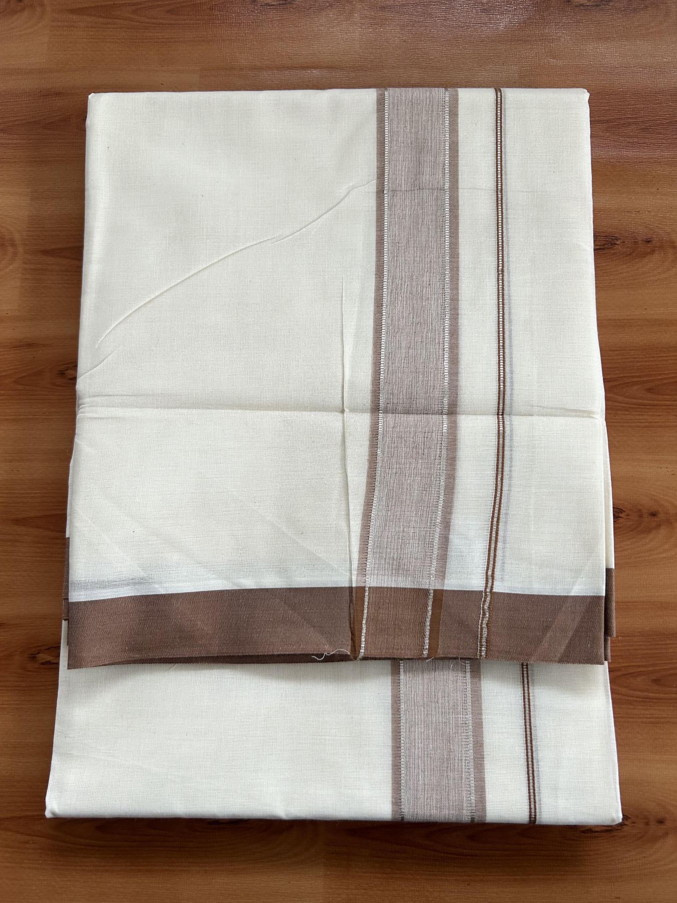 Double Off White (unbleached) Mundu/Dhoti - 20% Discount ! KaithariKada Balaramapuram - 100% Cotton - 60s- 1.5 inch Silver Kasav & Brown Shaded Kara 4 mtr (8.5 muzham) - 1 KK5398 PMC