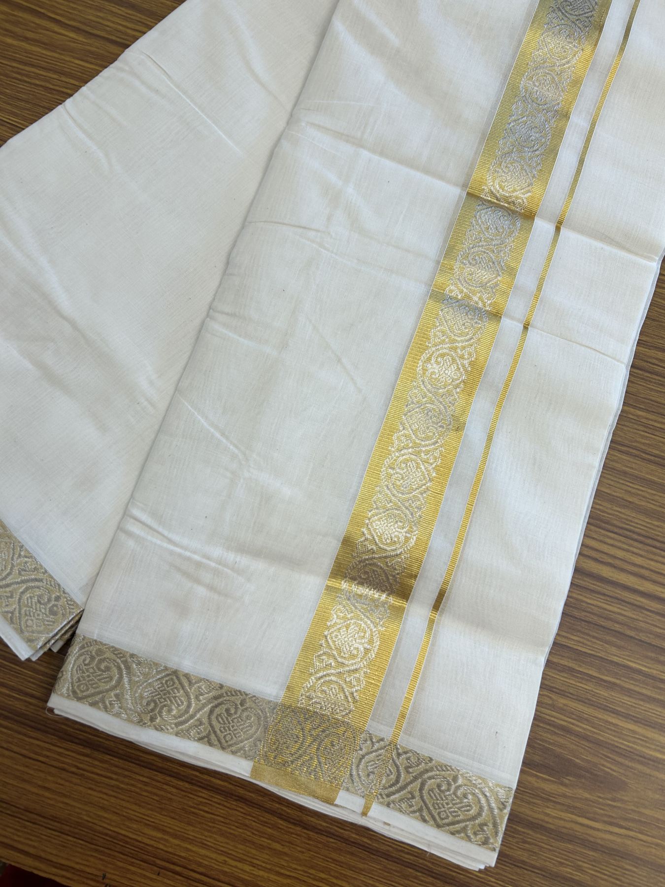 25% Discount ! KaithariKada Handloom Millpaav - Kerala Handloom - 100% Pure Cotton Off White (Unbleached) Double Mundu/Dhoti - 80x90 - 1.75 inch Gold Kasav & Silver Kasav Jacquard Design Kara 4 mtr (8.5 Muzham) - 21 KK5337 RAM