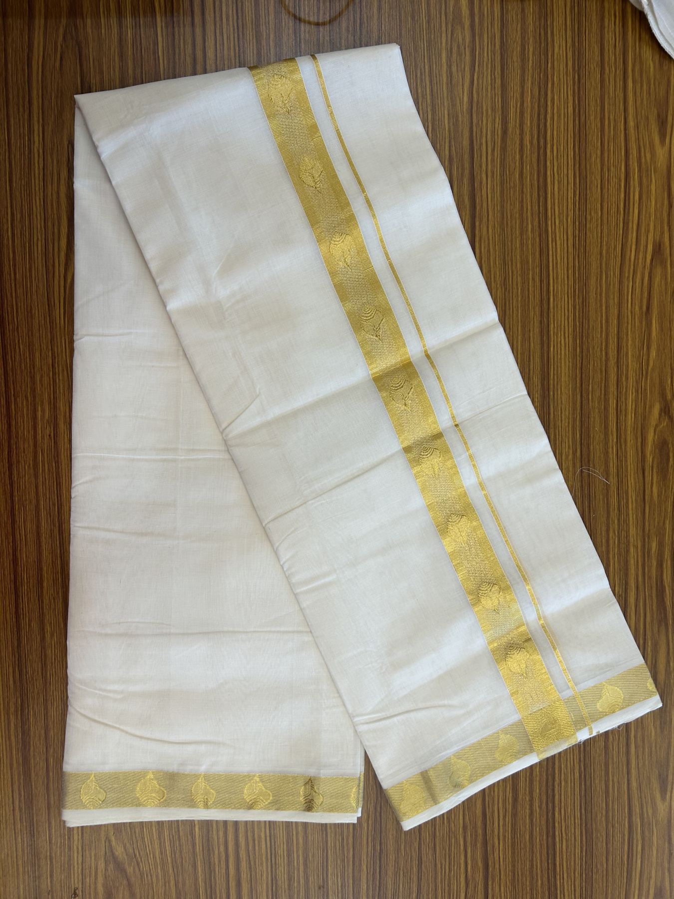 25% Discount ! KaithariKada Kerala Handloom Millpaav  - 100% Pure Cotton Off White- (Unbleached) Double Mundu/Dhoti - 80x90 - 1.75 inch Gold Kasav Jacquard Design Kara 4 mtr (8.5 Muzham) - 49 KK5337 RAM