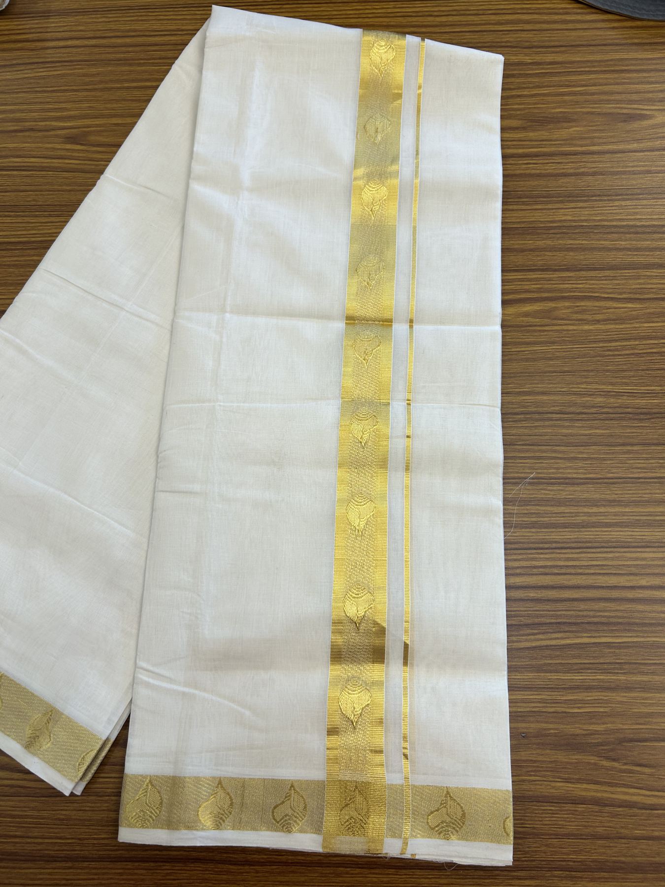25% Discount ! KaithariKada Kerala Handloom Millpaav  - 100% Pure Cotton Off White- (Unbleached) Double Mundu/Dhoti - 80x90 - 1.75 inch Gold Kasav Jacquard Design Kara 4 mtr (8.5 Muzham) - 49 KK5337 RAM