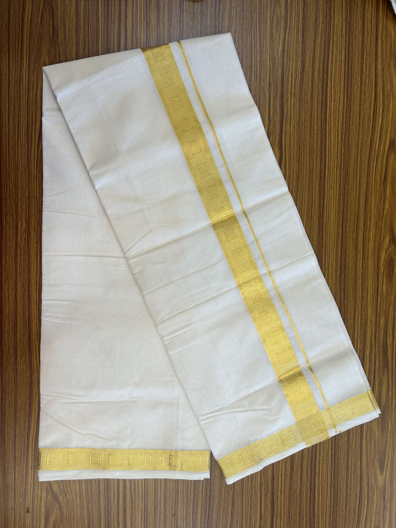 25% Discount ! KaithariKada Kerala Handloom Millpaav  - 100% Pure Cotton Off White- (Unbleached) Double Mundu/Dhoti - 80x90 - 1.5 inch Gold Kasav Jacquard Design Kara 4 mtr (8.5 Muzham) - 50 KK5337 RAM