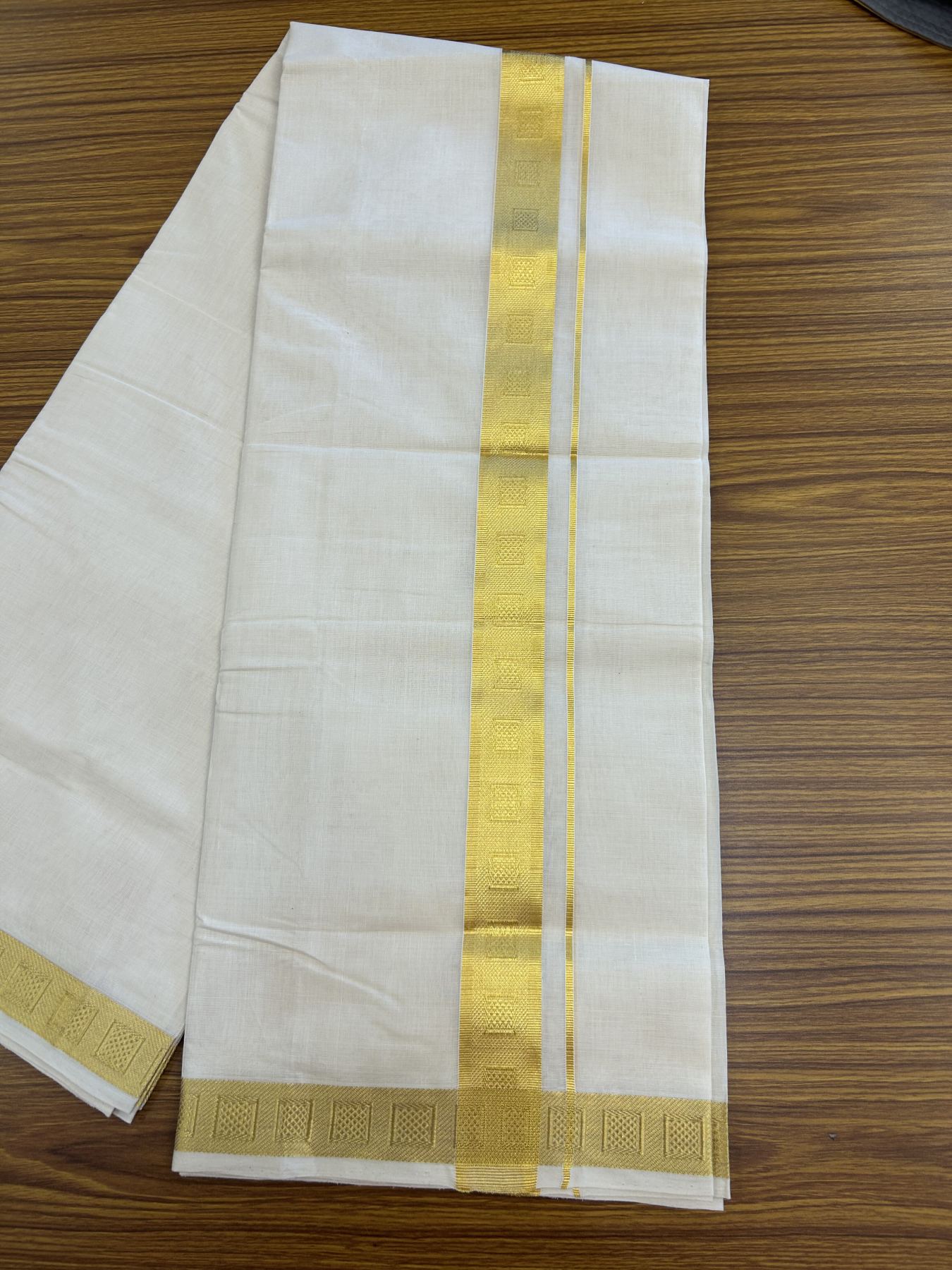 25% Discount ! KaithariKada Kerala Handloom Millpaav  - 100% Pure Cotton Off White- (Unbleached) Double Mundu/Dhoti - 80x90 - 1.5 inch Gold Kasav Jacquard Design Kara 4 mtr (8.5 Muzham) - 50 KK5337 RAM