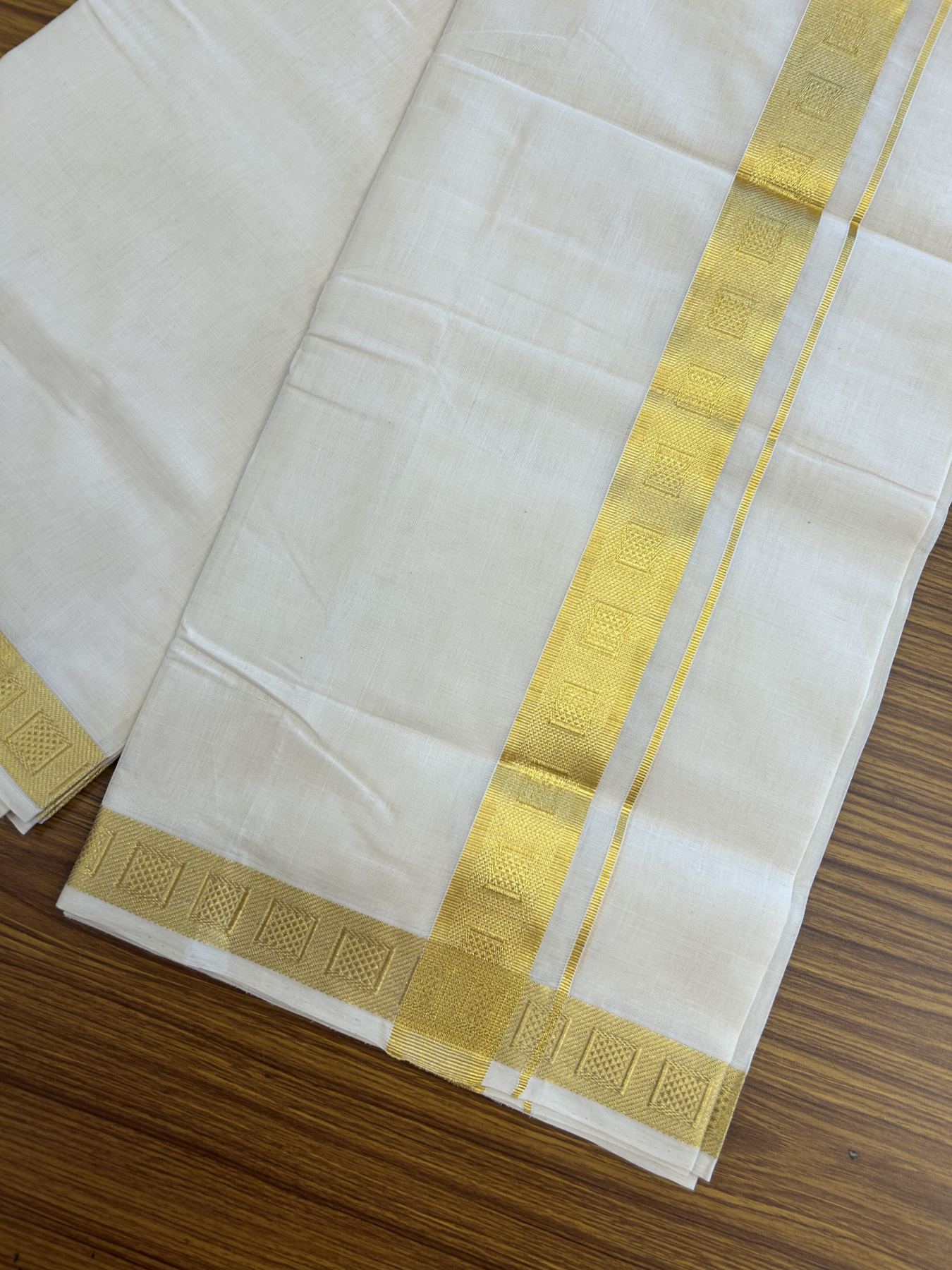25% Discount ! KaithariKada Kerala Handloom Millpaav  - 100% Pure Cotton Off White- (Unbleached) Double Mundu/Dhoti - 80x90 - 1.5 inch Gold Kasav Jacquard Design Kara 4 mtr (8.5 Muzham) - 50 KK5337 RAM