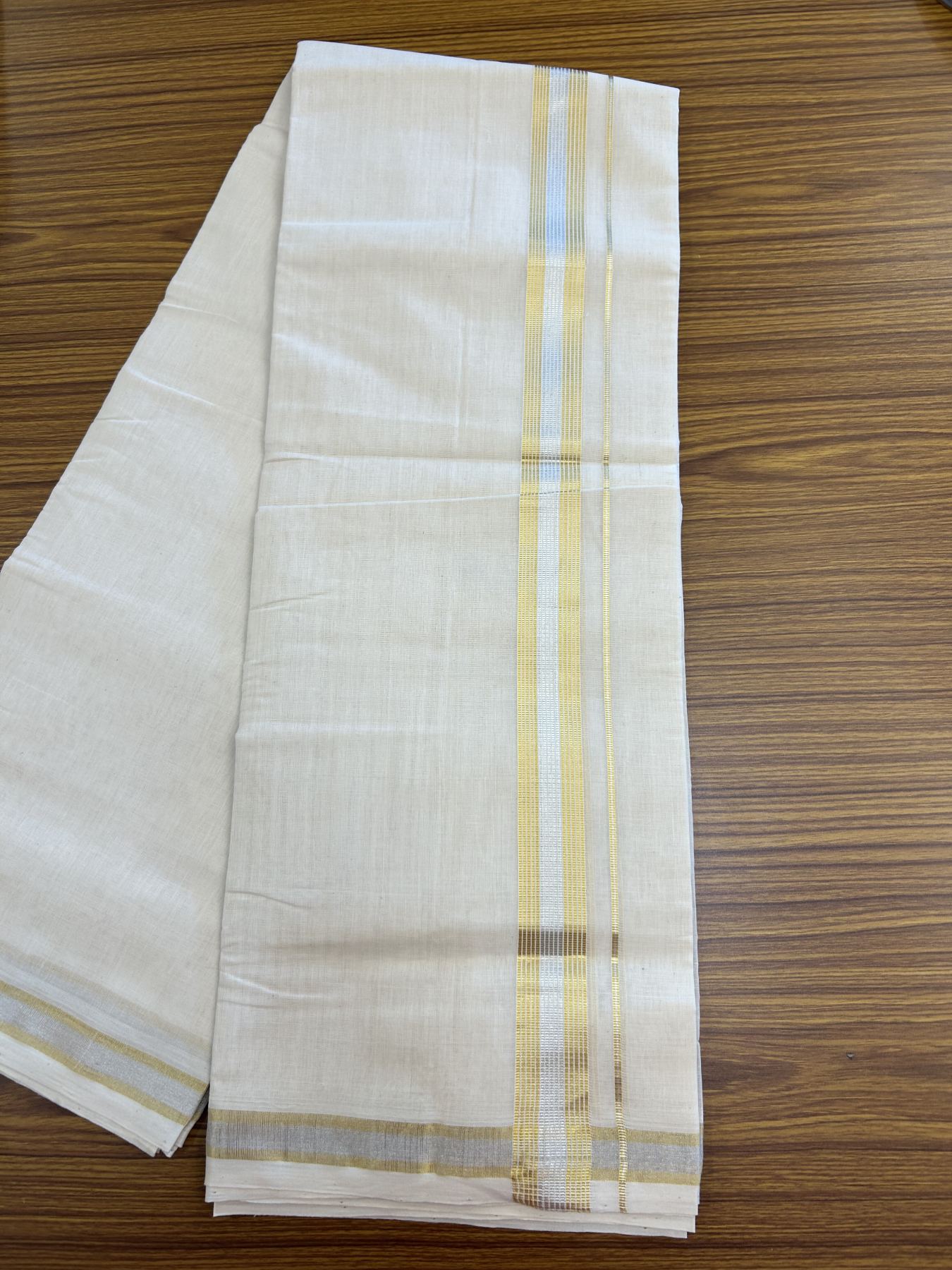 25% Discount ! KaithariKada Handloom Millpaav - Kerala Handloom - 100% Pure Cotton Off White (Unbleached) Double Mundu/Dhoti - 80x90 - 1.5 inch Gold Kasav & Silver Kasav striped Kara 4 mtr (8.5 Muzham) - 28 KK5337 RAM