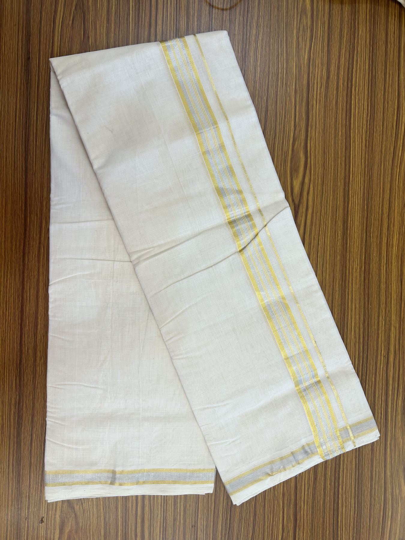 25% Discount ! KaithariKada Handloom Millpaav - Kerala Handloom - 100% Pure Cotton Off White (Unbleached) Double Mundu/Dhoti - 80x90 - 1.5 inch Gold Kasav & Silver Kasav striped Kara 4 mtr (8.5 Muzham) - 31 KK5337 RAM