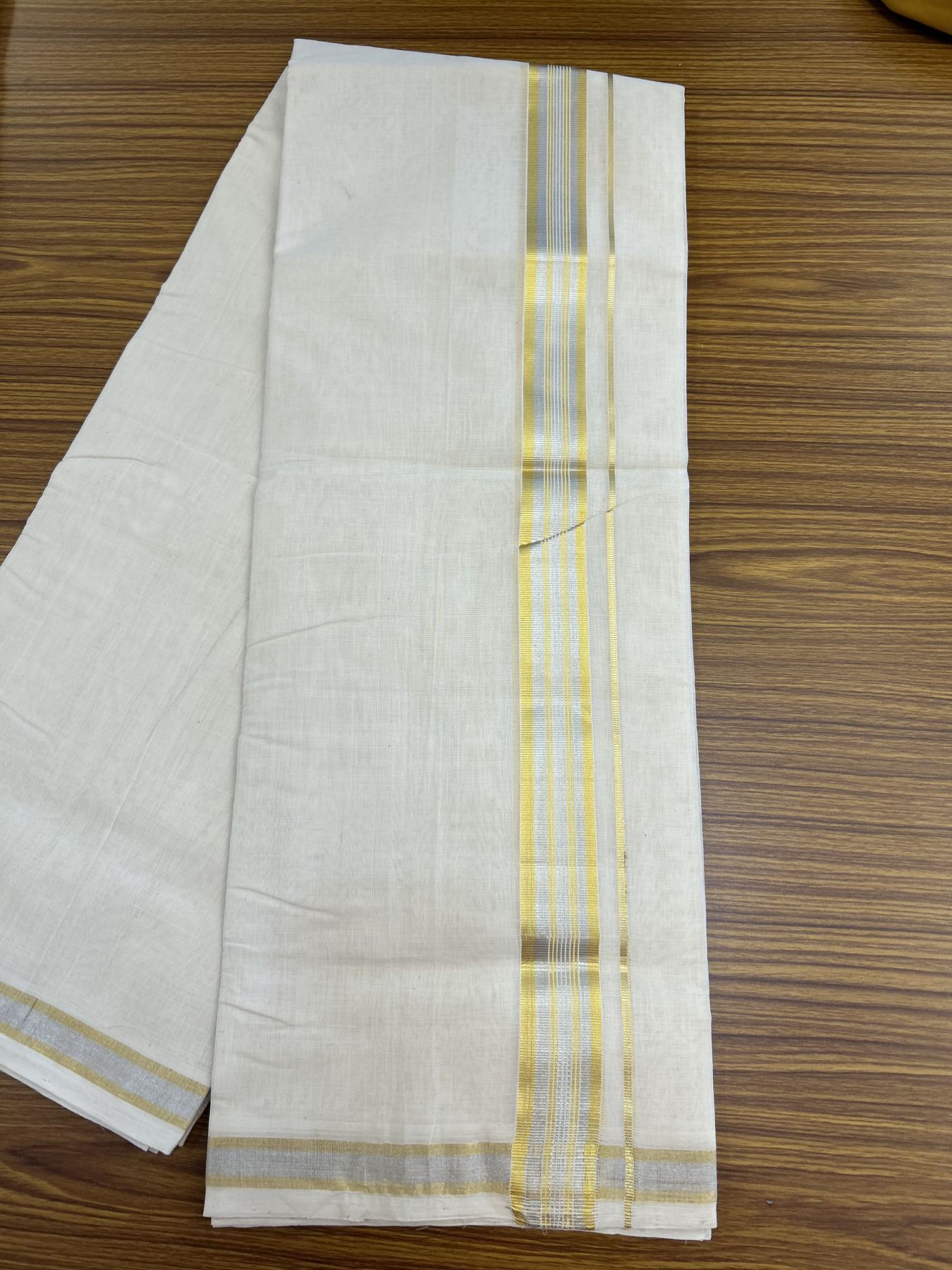 25% Discount ! KaithariKada Handloom Millpaav - Kerala Handloom - 100% Pure Cotton Off White (Unbleached) Double Mundu/Dhoti - 80x90 - 1.5 inch Gold Kasav & Silver Kasav striped Kara 4 mtr (8.5 Muzham) - 31 KK5337 RAM