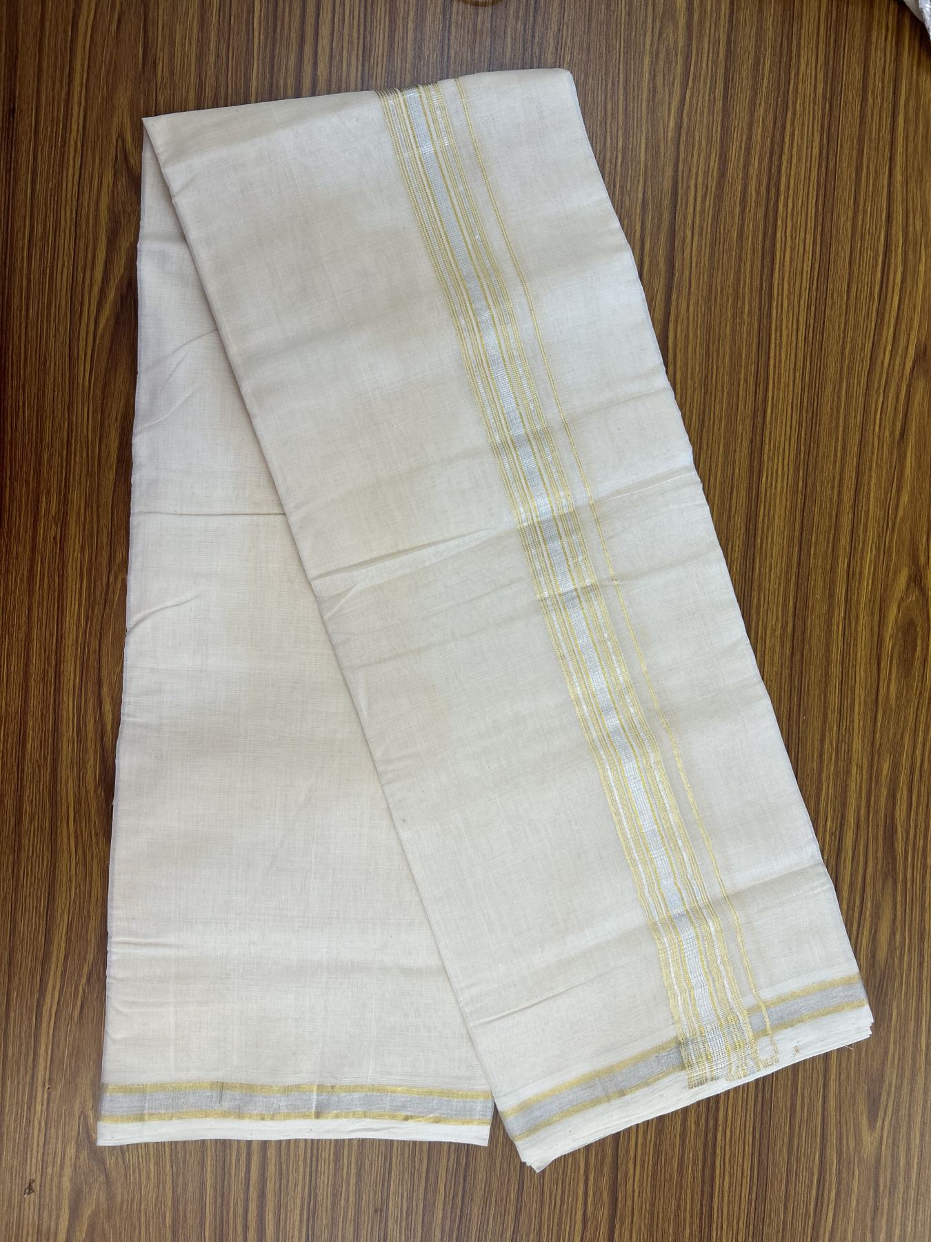 25% Discount ! KaithariKada Handloom Millpaav - Kerala Handloom - 100% Pure Cotton Off White (Unbleached) Double Mundu/Dhoti - 80x90 - 1.5 inch Gold Kasav & Silver Kasav striped Kara 4 mtr (8.5 Muzham) - 26  KK5337 RAM
