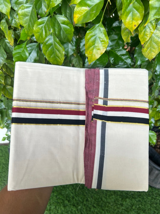 ADMK VESHTI - 20% DISCOUNT! KaithariKada 100% Cotton off white Double - (Unbleached) Mundu/Dhoti - 100X100 - 1.5 inch Gold Kasavu & Black White Maroon kara - 48KK5218ASH