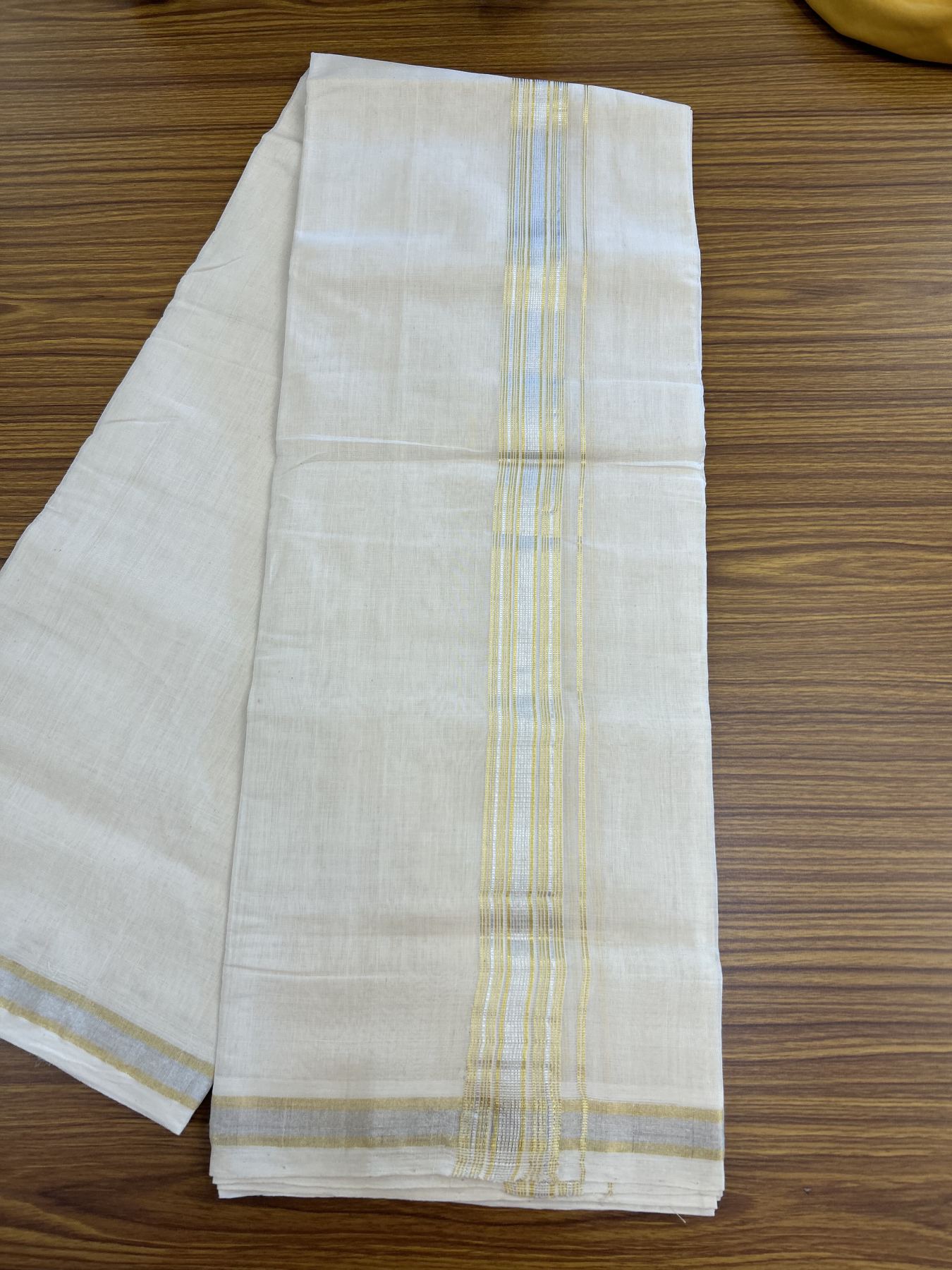 25% Discount ! KaithariKada Handloom Millpaav - Kerala Handloom - 100% Pure Cotton Off White (Unbleached) Double Mundu/Dhoti - 80x90 - 1.5 inch Gold Kasav & Silver Kasav striped Kara 4 mtr (8.5 Muzham) - 26  KK5337 RAM