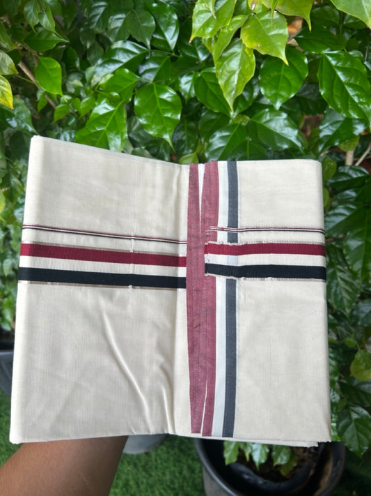 ADMK VESHTI - 20% DISCOUNT! KaithariKada 100% Cotton off white Double - (Unbleached) Mundu/Dhoti - 100X100 - 1.25 inch Silver Kasavu & Black White Maroon kara - 49KK5218ASH
