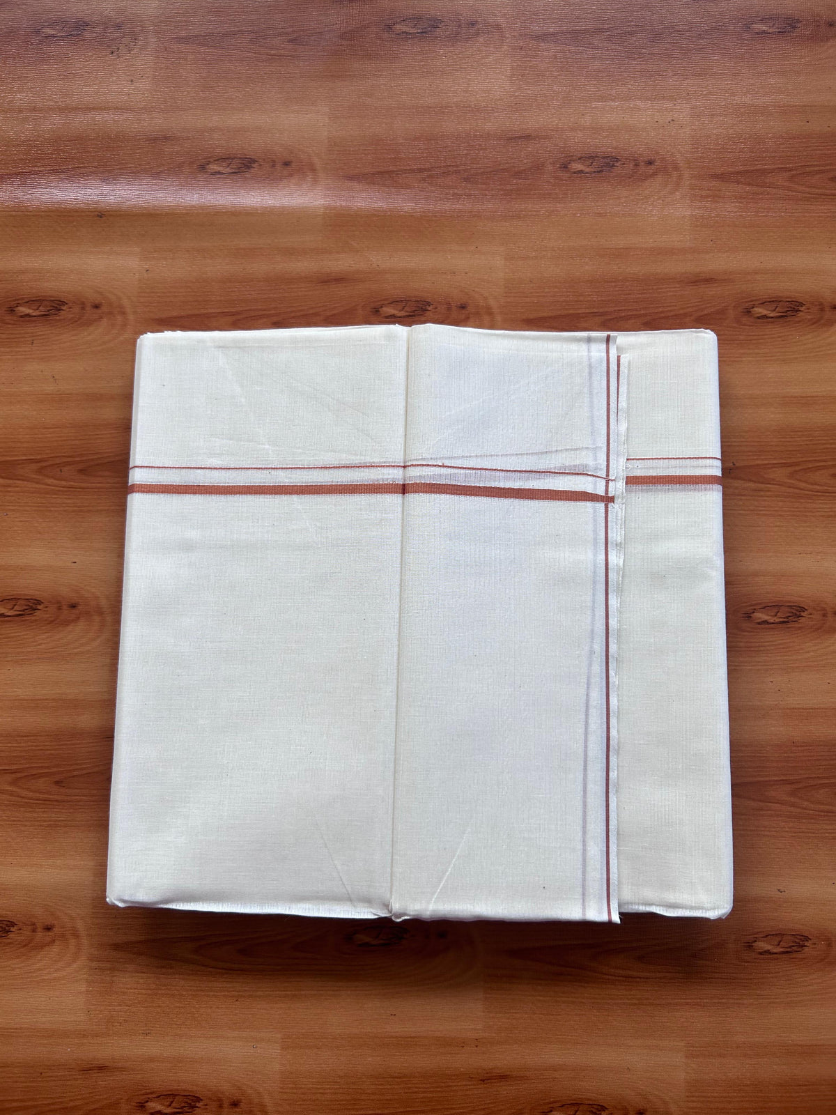 Double Off white Mundu/Dhoti - 20% Discount! KaithariKada - 100% Pure Cotton 100x80  - 0.3 cm Light Brown Thin Kara 4.10 mtr (8.5 Muzham) - 1 KK5517 VIN