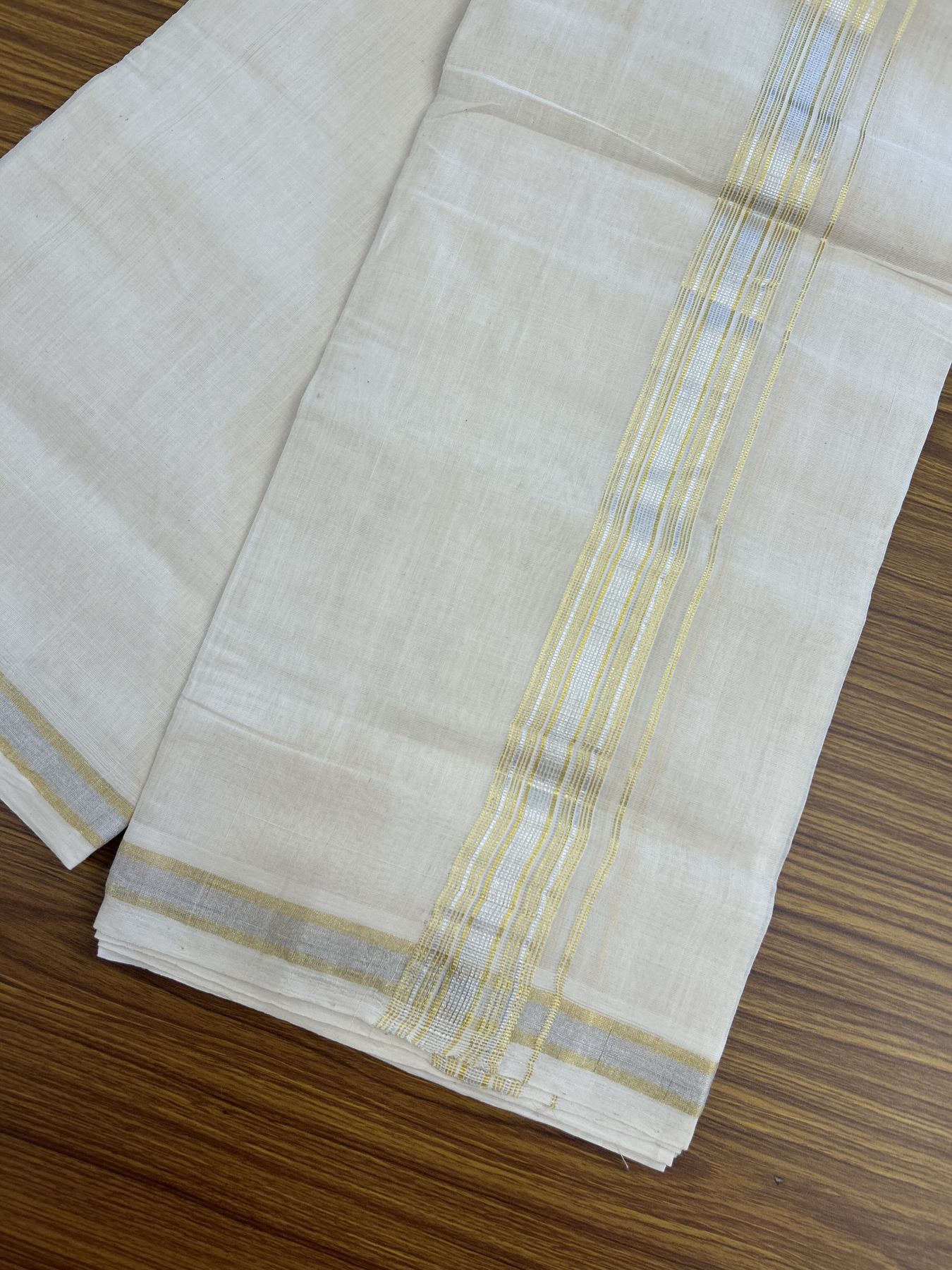 25% Discount ! KaithariKada Handloom Millpaav - Kerala Handloom - 100% Pure Cotton Off White (Unbleached) Double Mundu/Dhoti - 80x90 - 1.5 inch Gold Kasav & Silver Kasav striped Kara 4 mtr (8.5 Muzham) - 26  KK5337 RAM