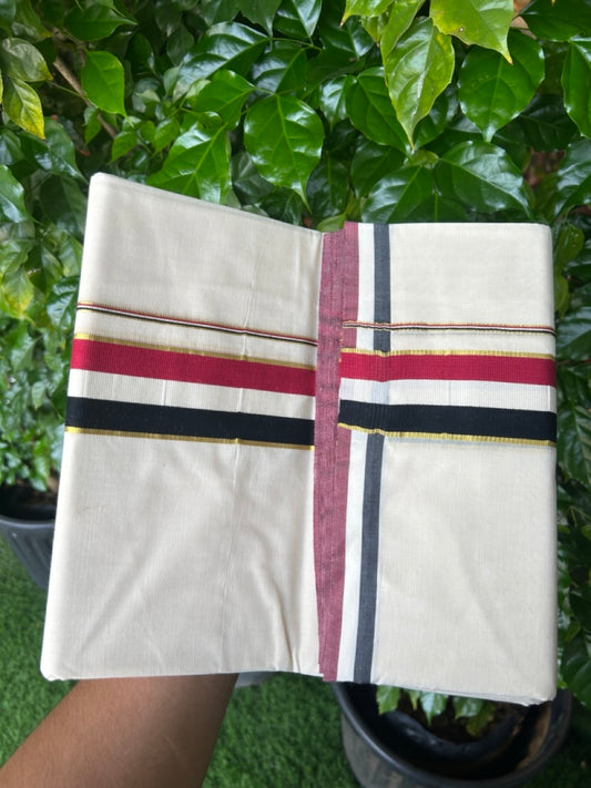 ADMK VESHTI - 20% DISCOUNT! KaithariKada 100% Cotton off white Double - (Unbleached) Mundu/Dhoti - 100X100 - 2 inch Gold Kasavu & Black White Maroon kara - 47KK5218ASH