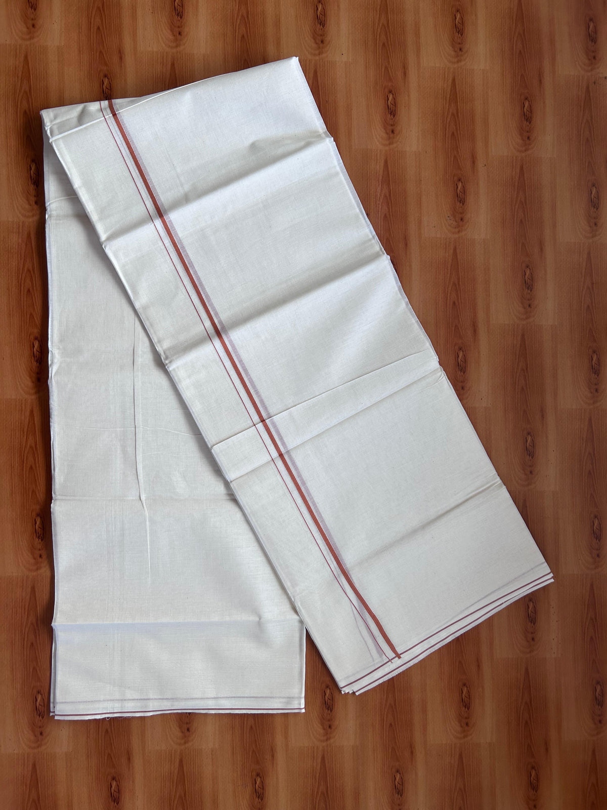Double Off white Mundu/Dhoti - 20% Discount! KaithariKada - 100% Pure Cotton 100x80  - 0.3 cm Light Brown Thin Kara 4.10 mtr (8.5 Muzham) - 1 KK5517 VIN