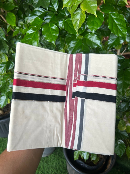 ADMK VESHTI - 20% DISCOUNT! KaithariKada 100% Cotton off white Double - (Unbleached) Mundu/Dhoti - 100X100 - 2 inch Silver Kasavu & Black White Maroon kara - 46KK5218ASH