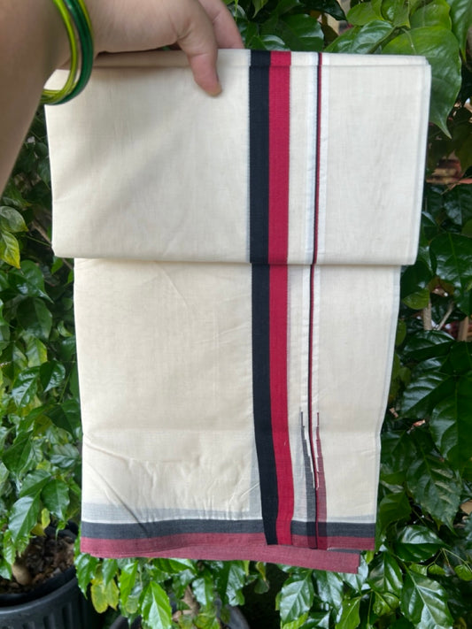 DMK Veshti - 20% DISCOUNT! KaithariKada 100% Cotton off white Double - (Unbleached) Mundu/Dhoti - 100X100 - 1 inch Puliyilakkara Black &  Light Maroon Chutty kara - 45KK5218ASH