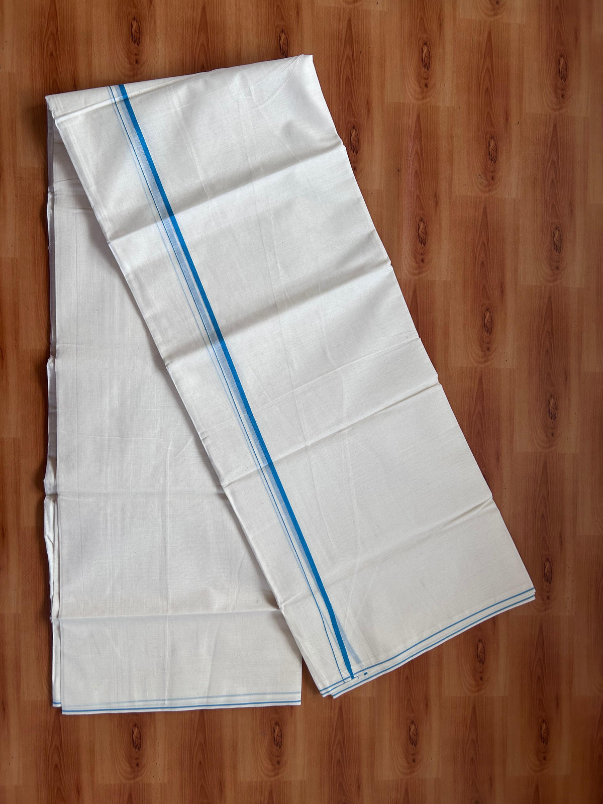 Double Off white Mundu/Dhoti - 20% Discount! KaithariKada - 100% Pure Cotton 100x80  - 0.3 cm Peacock Blue Thin Kara 4.10 mtr (8.5 Muzham) - 2 KK5517 VIN