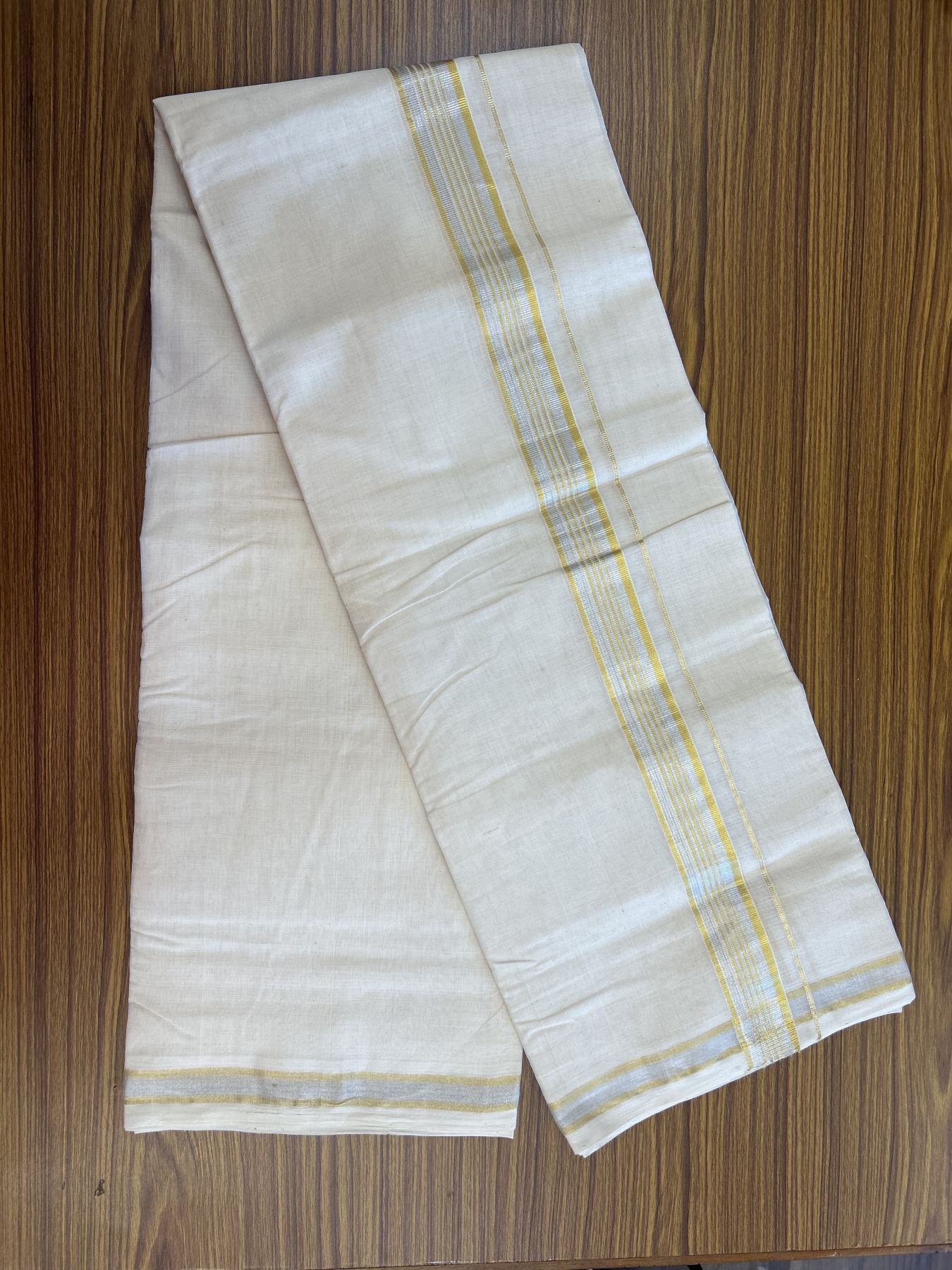 25% Discount ! KaithariKada Handloom Millpaav - Kerala Handloom - 100% Pure Cotton Off White (Unbleached) Double Mundu/Dhoti - 80x90 - 1.5 inch Gold Kasav & Silver Kasav striped Kara 4 mtr (8.5 Muzham) - 36 KK5337 RAM