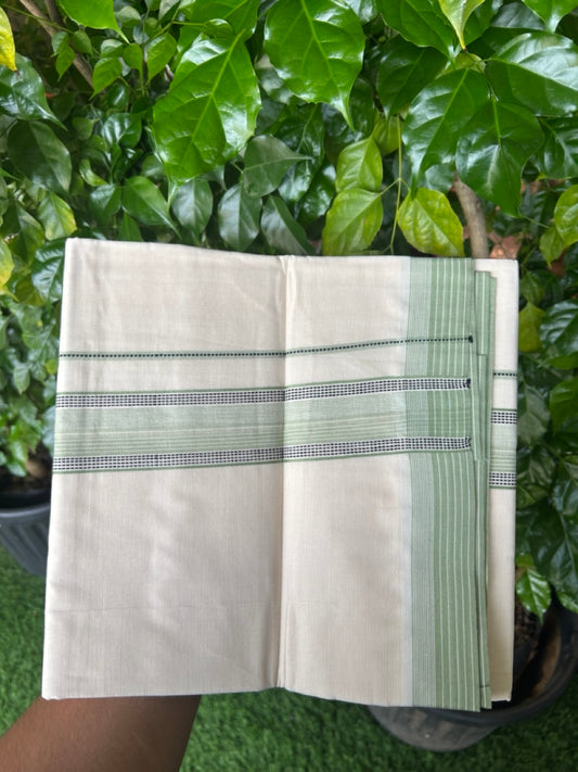 20% DISCOUNT ! KaithariKada Balaramapuram 100%  Cotton OFF WHITE (Unbleached) Double  Mundu/Dhoti - 100X80 - 1.75 inch Light Green & Black Shaded Designer Kara - 34KK5213 VIN