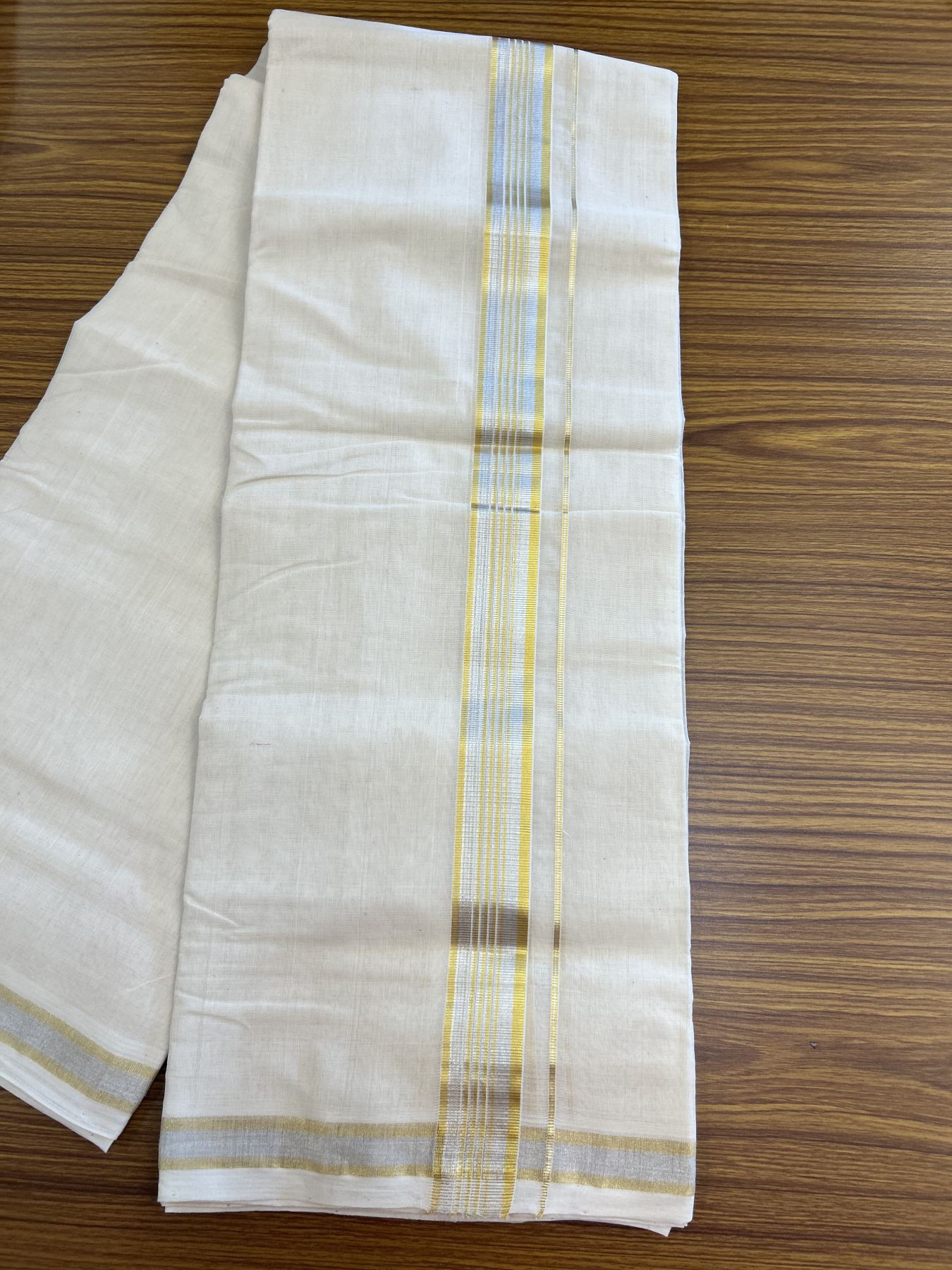 25% Discount ! KaithariKada Handloom Millpaav - Kerala Handloom - 100% Pure Cotton Off White (Unbleached) Double Mundu/Dhoti - 80x90 - 1.5 inch Gold Kasav & Silver Kasav striped Kara 4 mtr (8.5 Muzham) - 36 KK5337 RAM