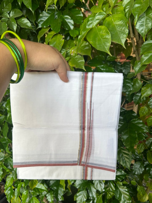 20% Discount !! Kaitharikada Balaramapuram 100% Cotton PURE WHITE DOUBLE Mundu/Dothi- 100X80 - 0.5 inch Silver Kasavu Brownish Orange & Black Design Chutty Kara - 81KK5217 CKS