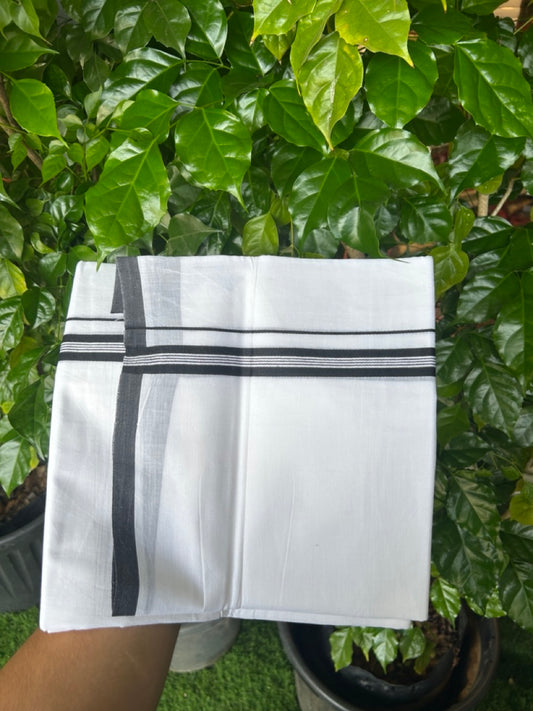 20% Discount ! Kaitharikada Balaramapuram 100% Cotton PURE WHITE Double Mundu/Dothi - 100x80 - 0.75 inch Black Striped Kara - 82KK5217 CKS