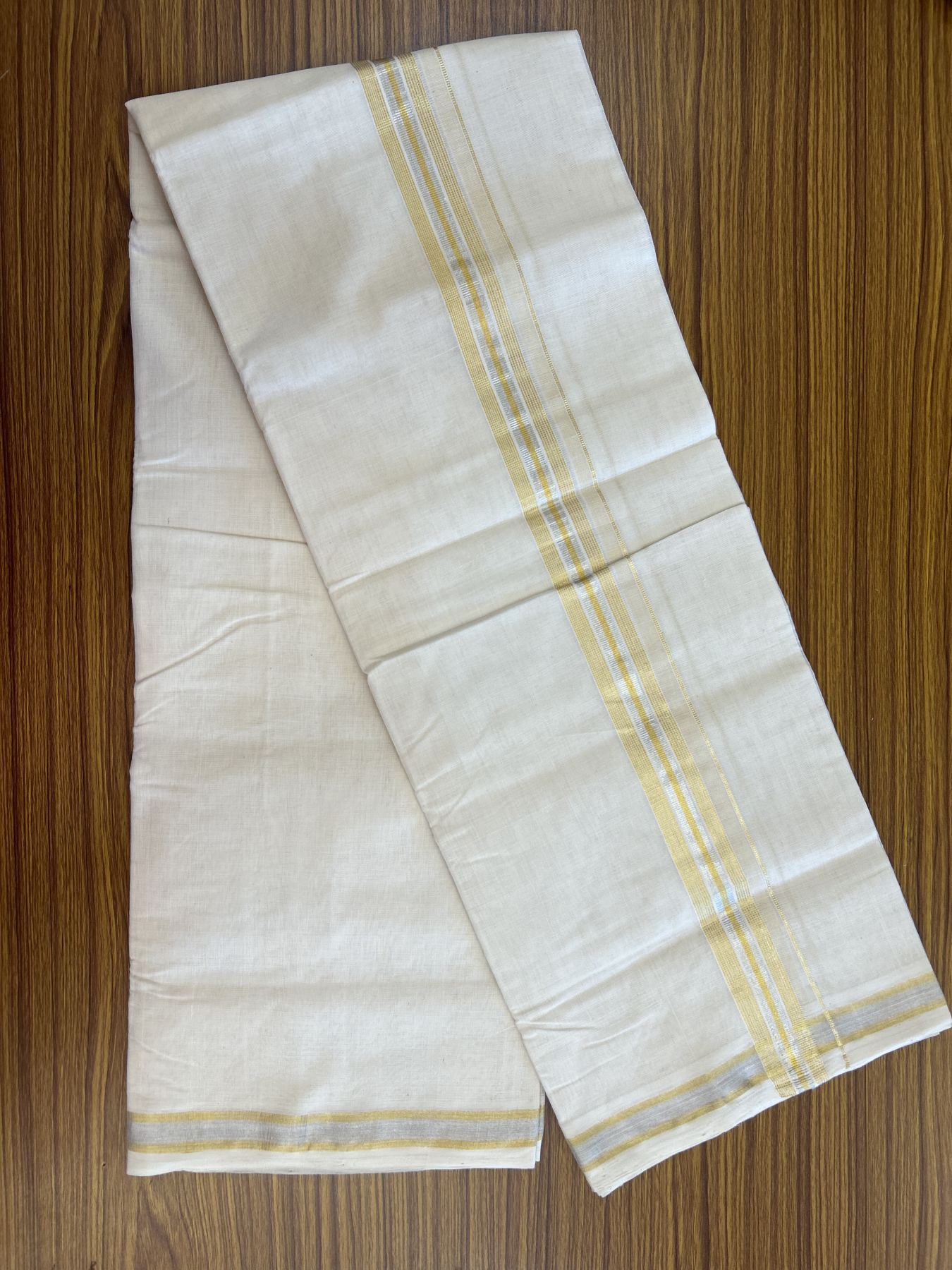 25% Discount ! KaithariKada Handloom Millpaav - Kerala Handloom - 100% Pure Cotton Off White (Unbleached) Double Mundu/Dhoti - 80x90 - 1.5 inch Gold Kasav & Silver Kasav striped Kara 4 mtr (8.5 Muzham) - 37 KK5337 RAM