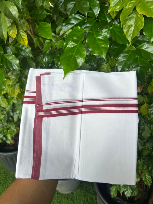 20% Discount ! Kaitharikada Balaramapuram 100% Cotton PURE WHITE Double Mundu/Dothi - 100x80 - 0.75 inch Maroon Striped Kara - 83KK5217 CKS