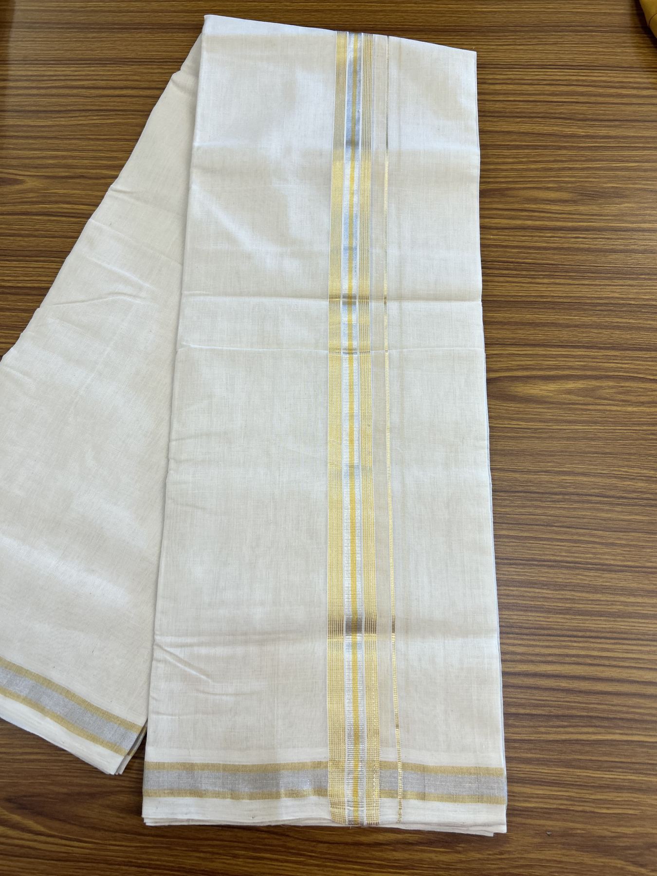 25% Discount ! KaithariKada Handloom Millpaav - Kerala Handloom - 100% Pure Cotton Off White (Unbleached) Double Mundu/Dhoti - 80x90 - 1.5 inch Gold Kasav & Silver Kasav striped Kara 4 mtr (8.5 Muzham) - 37 KK5337 RAM