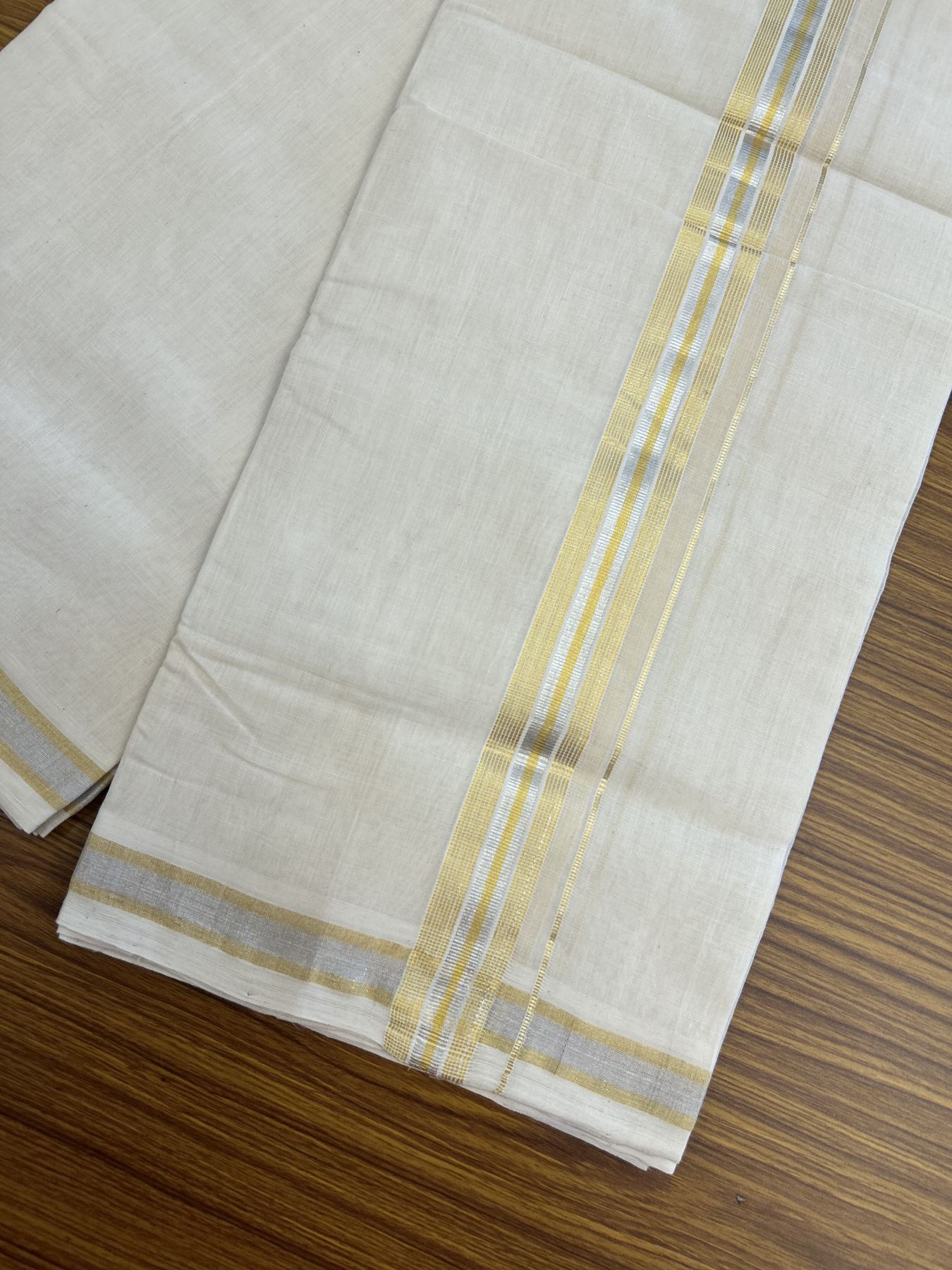 25% Discount ! KaithariKada Handloom Millpaav - Kerala Handloom - 100% Pure Cotton Off White (Unbleached) Double Mundu/Dhoti - 80x90 - 1.5 inch Gold Kasav & Silver Kasav striped Kara 4 mtr (8.5 Muzham) - 37 KK5337 RAM