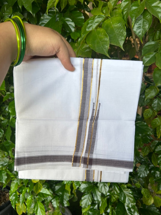 20% DISCOUNT!! Kaitharikada Balaramapuram 100% Pure Cotton PURE WHITE Double Mundu/Dothi - 100x80 - 0.75 Inch Dark Brown & Gold Kasavu shaded Stripes Puliyilakkara Chutty - 84KK5217 CKS