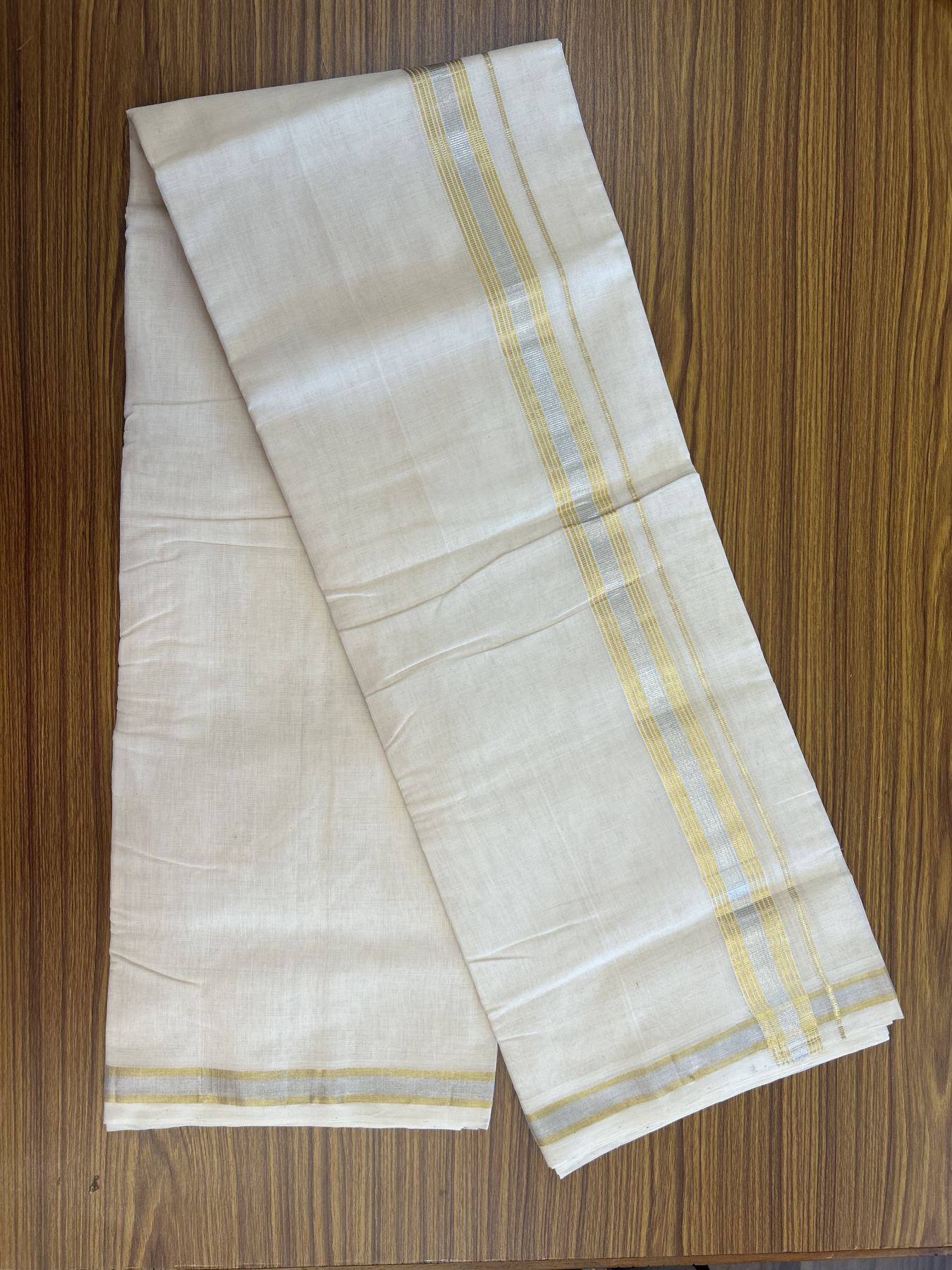 25% Discount ! KaithariKada Handloom Millpaav - Kerala Handloom - 100% Pure Cotton Off White (Unbleached) Double Mundu/Dhoti - 80x90 - 1.25 inch Gold Kasav & Silver Kasav striped Kara 4 mtr (8.5 Muzham) - 30 KK5337 RAM