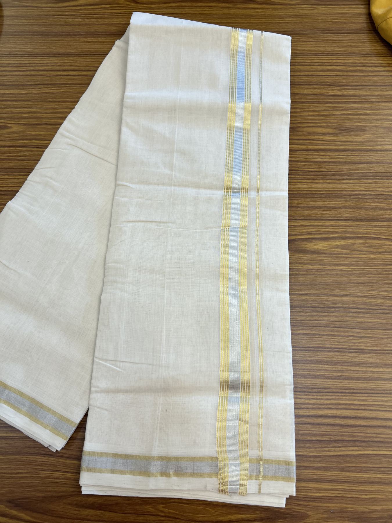 25% Discount ! KaithariKada Handloom Millpaav - Kerala Handloom - 100% Pure Cotton Off White (Unbleached) Double Mundu/Dhoti - 80x90 - 1.25 inch Gold Kasav & Silver Kasav striped Kara 4 mtr (8.5 Muzham) - 30 KK5337 RAM