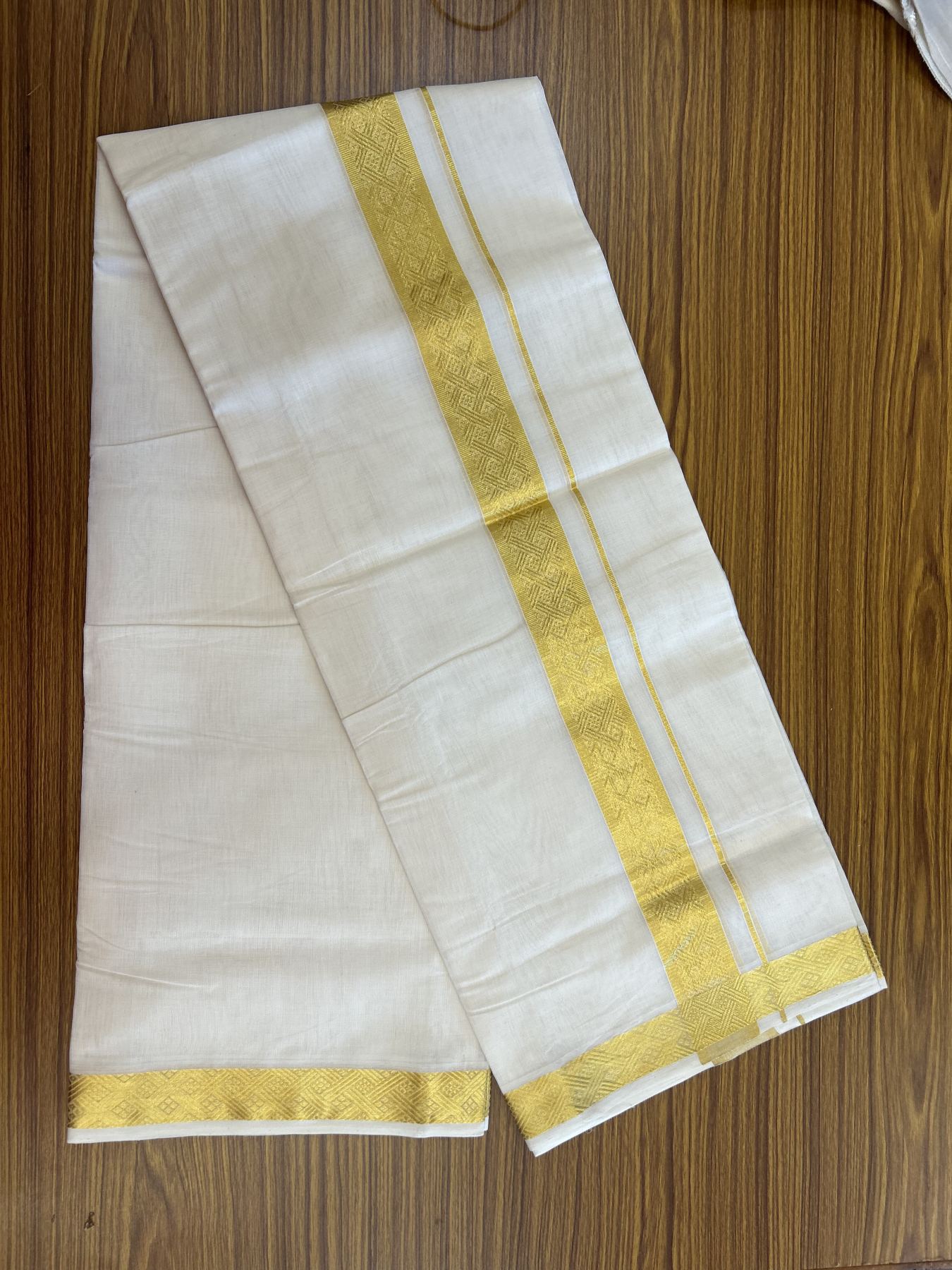 25% Discount ! KaithariKada Kerala Handloom Millpaav  - 100% Pure Cotton Off White- (Unbleached) Double Mundu/Dhoti - 80x90 - 1.75 inch Gold Kasav Jacquard Design Kara 4 mtr (8.5 Muzham) - 51 KK5337 RAM