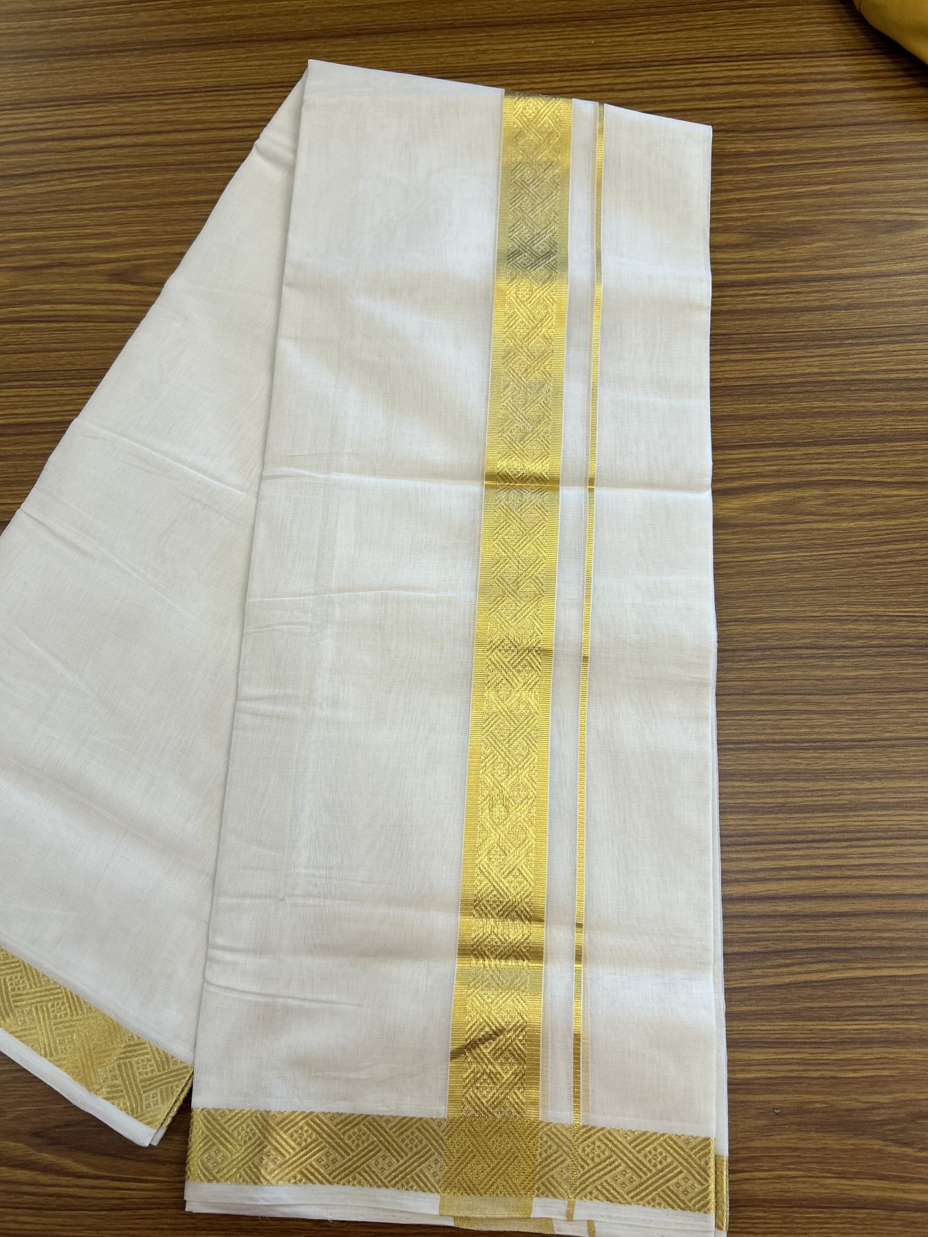 25% Discount ! KaithariKada Kerala Handloom Millpaav  - 100% Pure Cotton Off White- (Unbleached) Double Mundu/Dhoti - 80x90 - 1.75 inch Gold Kasav Jacquard Design Kara 4 mtr (8.5 Muzham) - 51 KK5337 RAM