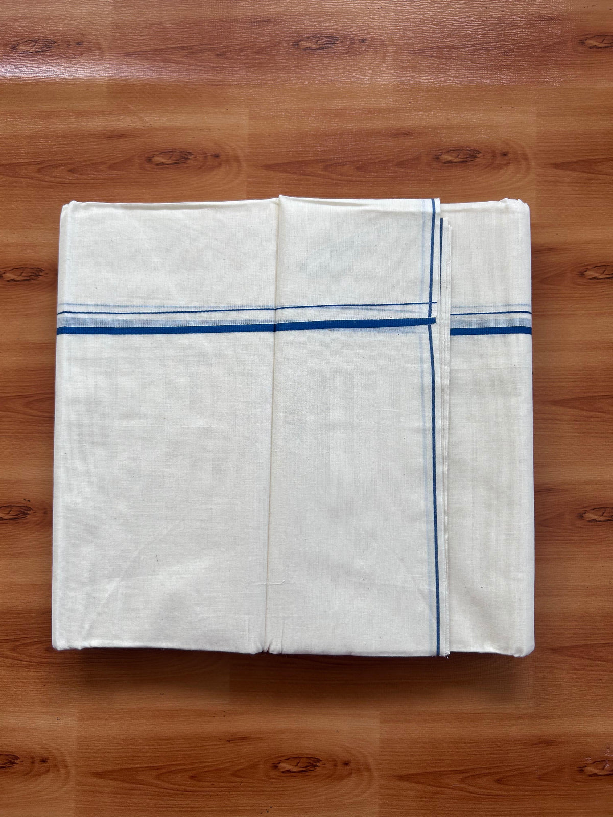 Double Off white Mundu/Dhoti - 20% Discount! KaithariKada - 100% Pure Cotton 100x80  - 0.3 cm Dark Peacock Blue Thin Kara 4.10 mtr (8.5 Muzham) - 6 KK5517 VIN